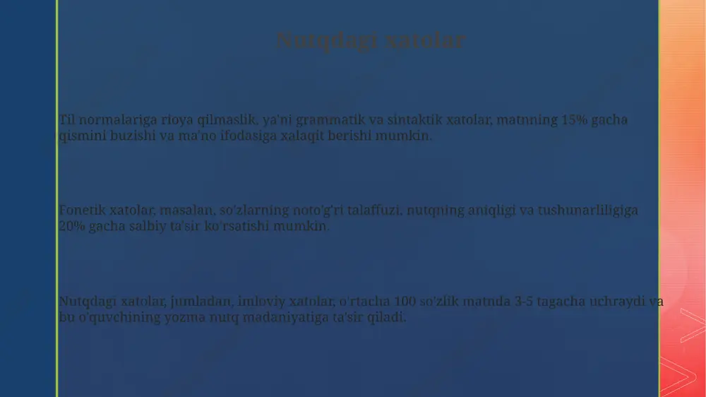 o'quvchida salbiy taassurot qoldiradi va matnning ishonchliligini pasaytiradi. imlo qoidalarini bilmaslik, jumladan, 50 dan ortiq fonetik va morfologik qoidalarni noto'g'ri qo'llash, yozma nutqda xatolar sonini sezilarli darajada oshiradi va matnning tushunarliligini pasaytiradi. e'tiborning pastligi oʻqish tezligining pasayishi va matnni tushunish qobiliyatining susayishi, “e’tiborning pastligi” bilan bogʻliq holda, imlo xatolarining sonini taxminan 25% ga oshirishi mumkin, bu esa nutq va yozma ishdagi xatolarga olib keladi. imlo qoidalarini yaxshi bilmaslik, jumladan, 15 ta asosiy imlo qoidasini unutgan oʻquvchilarning “e’tiborning pastligi” holatida xato yozishlari ehtimoli yuqori. “e’tiborning pastligi” bilan bogʻliq imlo xatolarining 30% dan ortigʻi, oʻquvchilarning diqqatsizligi va matnni yaxshilab oʻqimasligi natijasida yuzaga keladi, bu esa soʻzlarni notoʻgʻri yozishga olib keladi. e'tiboringiz uchun rahmat @taqdimot_robot image2.png image3.png