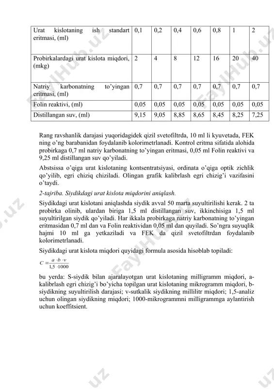 miqdori, (mkg) 2 4 8 12 16 20 40 natriy karbonatning to’yingan eritmasi, (ml) 0,7 0,7 0,7 0,7 0,7 0,7 0,7 folin reaktivi, (ml) 0,05 0,05 0,05 0,05 0,05 0,05 0,05 distillangan suv, (ml) 9,15 9,05 8,85 8,65 8,45 8,25 7,25 rang ravshanlik darajasi yuqoridagidek qizil svetofiltrda, 10 ml li kyuvetada, fek ning o’ng barabanidan foydalanib kolorimetrlanadi. kontrol eritma sifatida alohida probirkaga 0,7 ml natriy karbonatning to’yingan eritmasi, 0,05 ml folin reaktivi va 9,25 ml distillangan suv qo’yiladi. abstsissa o’qiga urat kislotaning kontsentratsiyasi, ordinata o’qiga optik zichlik qo’yilib, egri chiziq chiziladi. olingan grafik kalibrlash egri chizig’i vazifasini o’taydi. 2-tajriba. siydikdagi urat kislota miqdorini aniqlash. siydikdagi urat kislotani aniqlashda siydik avval 50 marta suyultirilishi kerak. 2 ta probirka olinib, ulardan biriga 1,5 ml distillangan suv, ikkinchisiga 1,5 ml suyultirilgan siydik qo’yiladi. har ikkala probirkaga natriy karbonatning to’yingan eritmasidan 0,7 ml dan va folin reaktividan 0,05 ml dan quyiladi. so’ngra suyuqlik hajmi …