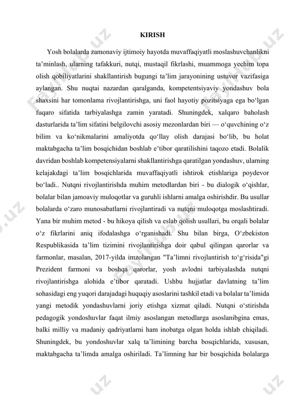 va nutqni muloqotga moslashtiradi. yana bir muhim metod - bu hikoya qilish va eslab qolish usullari, bu orqali bolalar o‘z fikrlarini aniq ifodalashga o‘rganishadi. shu bilan birga, o‘zbekiston respublikasida ta’lim tizimini rivojlantirishga doir qabul qilingan qarorlar va farmonlar, masalan, 2017-yilda imzolangan "ta’limni rivojlantirish to‘g‘risida"gi prezident farmoni va boshqa qarorlar, yosh avlodni tarbiyalashda nutqni rivojlantirishga alohida e’tibor qaratadi. ushbu hujjatlar davlatning ta’lim sohasidagi eng yuqori darajadagi huquqiy asoslarini tashkil etadi va bolalar ta’limida yangi metodik yondashuvlarni joriy etishga xizmat qiladi. nutqni o‘stirishda pedagogik yondoshuvlar faqat ilmiy asoslangan metodlarga asoslanibgina emas, balki milliy va madaniy qadriyatlarni ham inobatga olgan holda ishlab chiqiladi. shuningdek, bu yondoshuvlar xalq ta’limining barcha bosqichlarida, xususan, maktabgacha ta’limda amalga oshiriladi. ta’limning har bir bosqichida bolalarga ilm-fan, san’at, adabiyot va axloqiy qadriyatlar haqida bilim berish orqali ularning nutqini va muloqot qobiliyatlarini rivojlantirishga e’tibor qaratiladi. nutqni o‘stirishda pedagogning roli katta, chunki u bolalarga so‘zlashuvni o‘rgatish, so‘zlarni to‘g‘ri ishlatish va nutqni …