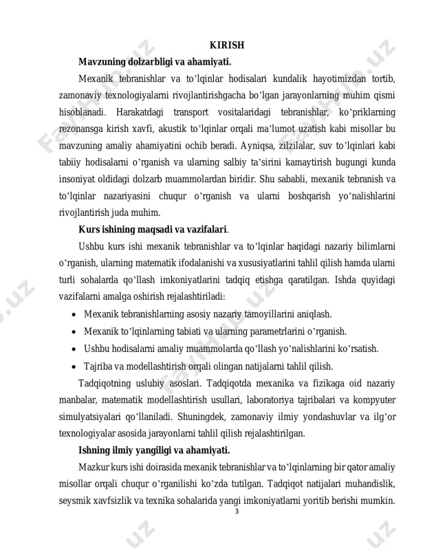 g turlari. tebranish tushunchasi. mexanik tebranishlar jism yoki sistema muvozanat holati atrofida amalga oshiradigan davriy yoki deyarli davriy harakatdir. tebranishlar energiyaning mexanik sistema ichida va undan tashqariga qanday almashinishini ifodalaydi. ushbu hodisa ichki kuchlar yoki tashqi ta’sirlar natijasida yuzaga keladi. misol sifatida soatning osma qismining harakati yoki musiqiy cholg’u asboblari simining tebranishini keltirish mumkin. tebranishlar asosida energiyaning potentsial va kinetik shakllari orasidagi almashinuv yotadi. sistema tebranishining to’xtamasligi yoki to’xtashi uning energiya manbalariga bog’liq. matematik tavsifida tebranishlar odatda vaqtning funksiyasi sifatida ifodalanadi: bu yerda: x(t): vaqtning ixtiyoriy t paytidagi jismning joylashuvi, a: tebranish amplitudasi, ω: burchak chastotasi, ϕ: boshlang’ich faza. tebranishlarni turli xususiyatlariga qarab bir nechta guruhlarga ajratish mumkin: tashqi ta’sirga bog’liqligiga ko’ra erkin tebranishlar: sistema faqat ichki kuchlar ta’sirida tebranadi, ya’ni tashqi kuchlar ta’siri yo’q. erkin tebranishlar uchun matematik tenglama: bu yerda m – massa, k – qattiqlik koeffitsiyenti. misol: soat osmasining dastlabki itarishdan keyingi harakati. 6 majburiy tebranishlar: sistema …