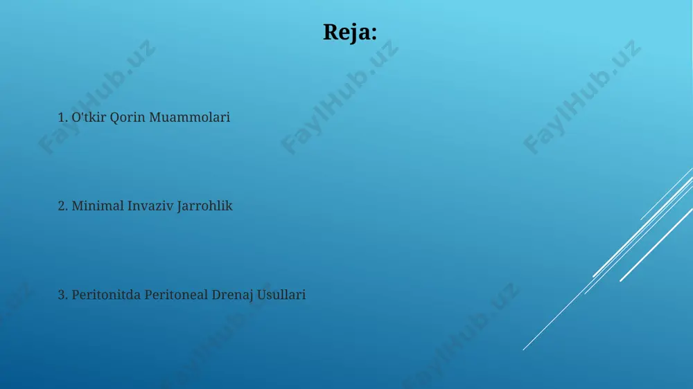 avishda so'rib oladi va infektsiyaning tarqalishini kamaytiradi, bu esa 24-48 soat ichida bakteriyalar sonini sezilarli darajada kamaytirishi mumkin. peritonitda drenaj turlari orasida ochiq jarrohlik usuli bilan qo'yilgan drenajlar (taxminan 10-15 sm uzunlikdagi silikon naychalar) va laparoskopik jarrohlik orqali o'rnatilgan drenajlar mavjud bo'lib, ularning samaradorligi bemor holatiga va infektsiyaning og'irligiga bog'liq. peritonitda drenajning ahamiyati o'z vaqtida peritonit drenaji qorin bo'shlig'idagi bosimni pasaytiradi, bu esa ichak parezini kamaytirishga va 72 soat ichida ichak faoliyatini tiklashga yordam beradi. peritonit drenajining ahamiyati infektsiyani samarali yo'q qilishda muhimdir, chunki u 1000 ml gacha bo'lgan eksudatni, yallig'lanish vositalarini va bakteriyalarni olib tashlash imkonini beradi, bu esa sepsis xavfini kamaytiradi. laparoskopik jarrohlik texnikasi laparoskopiya yuqori aniqlikdagi tasvirni ta'minlaydigan videokamera va maxsus asboblardan foydalanadi, bu esa jarrohga kichik bo'shliqlarda ham aniq va samarali operatsiya o'tkazish imkonini beradi. laparoskopik jarrohlik 5-10 mm diametrli kichik teshiklar orqali amalga oshiriladi, bu esa bemorning tezroq tuzalishiga va kosmetik nuqtai nazardan yaxshiroq natijaga …