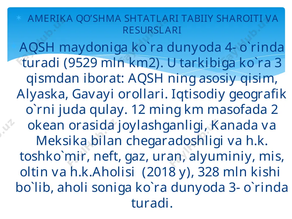 rayonlari . aqshda tabiiy va ijtimoiy-tarixiy sabablarga ko‘ra turli iqtisodiy qudrat va ixtisoslashuvga ega bo‘lgan quyidagi 4 ta yirik iqtisodiy rayon (makrorayon) ajratiladi: atlantika okeani bo‘yida joylashgan maydoni kichik, ammo aholi soni va zichligikatta bo‘lgan, yuqori darajada sanoatlashgan, eng yirik moliyaviy markazlarga ega bo‘lgan shtatlarni qamrab olgan shimoli-sharq; buyuk ko‘llardan janub va g‘arbda joylashgan, ko‘ptarmoqli sanoat, donchilik va sut chorvachiligiga ixtisoslashgan o‘rta g‘arb; paxtachilik, tamakichilik, bog‘dorchilik, neft-kimyo va to‘qimachilik sanoati, dengizbo‘yi turizmi rivojlanishi bilan ajralib turadigan, qora tanli aholining salmog‘i nisbatan yuqori bo‘lgan janub; ko‘proq tog‘li relyef va qurg‘oqchil iqlimga ega, rangli metallurgiya, aerokosmik, elektronika sanoati, bog‘dorchilik va yaylov chorva chiligiga ixtisoslashgan, ispanzabon aholining nisbatan yuqori salmog‘i bilan ajralib turuvchi g‘arb. mavzuni mustaxkamlash uchun savollar aqshning jahon iqtisodiyotiga ta’siri qanday omillar bilan belgilanadi? aqshning asosiy sanoat mintaqalarini tavsiflang. aqshda qanday qishloq xo‘jalik mintaqalari shakllangan? 4. aqshda qanday yirik iqtisodiy rayonlar ajratiladi? uyga vazifa aqsh tarkibidagi shtatlarni markazlari bilan birga yozib …
