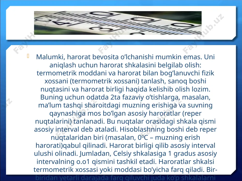 uchun kalorimetriya deb ataladigan bir qator usullardan foydalaniladi. bu metodlar to’plamiga kalorimetriya deyiladi. kalorimetrik usul yordamida jismlarning issiqliq sig’imi, fazoviy aylanishlar vaqtida issiqlik miqdori, eruvchanlik, ho’llash, adsorbsiya, kimyoviy reaksiya tufayli hosil bo’lgan issiqlik, nurlanish energiyasi, radioaktiv parchalanish va shu kabilar o’lchanadi. shunga o’xshash o’lchashlar kalorimetr yordamida amalga oshiriladi. shu asboblarni 2 turga ajratish mumkin: ulardagi issiqlik miqdorini temperaturasining o’zgarishiga qarab aniqlaydigan kalorimetrlar va temperaturasi o’zgarmas bo’lib, issiqlik miqdori boshqa fazoviy holatga o’tgan modda miqdori bo’yicha aniqlaydigan kalorimetrlar. amalda qo’llaniladigan ko’pchilik kalorimetrlar 1-turga tegishlidir. bunday hollarda kalorimetr – tekshiriluvchi modda sistemasi tomonidan olingan issiqlik miqdorini quyidagi formula orqali topish mumkin: q = cx t bu munosabatda hamma kalorimetrlarni adiabatik va izotermik qobiqli kalorimetrlarga ajratish mumkin. izotermik yoki adiabatik sharoitini saqlab turish uchun kalorimetr harorat regulatori bilan ta’minlanadi, ular sifatida ko’pincha kontaktli termometrlardan, shuningdek, qarshilik termometrlari va differensial termojuftlardan foydalaniladi. kalorimetrlar yana termostatlar vazifasini ham bajarishi mumkin. e`tiboringiz uchun raxmat! image3.jpeg image4.jpeg …