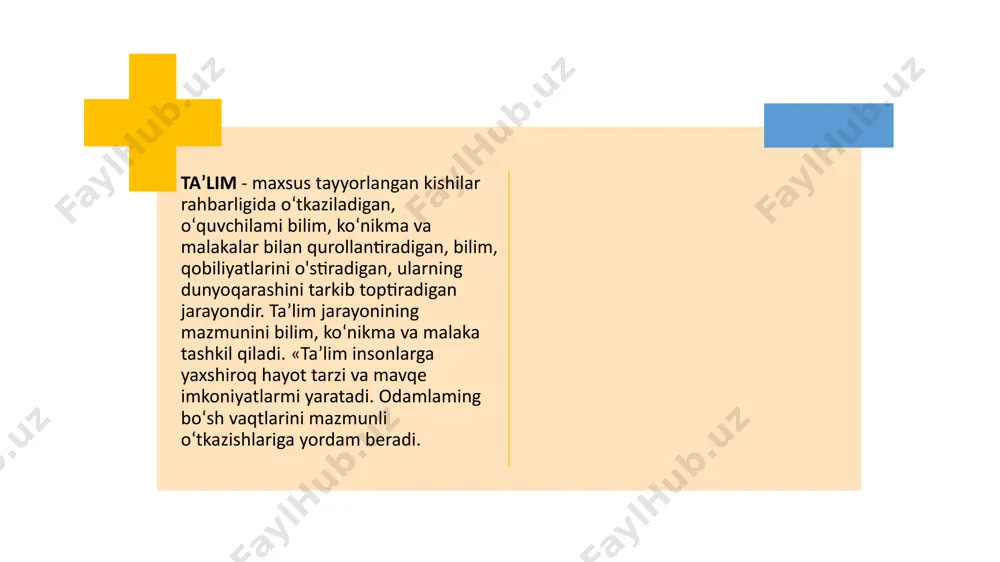 vzusiga doir darslik, monografxya, risola va maqolalar, pedagogik psixologik izlanishlar va dissertatsiyalar o‘rganiladi. bilim – shaxsning ongida tushunchalar, umumlashmalar, ma’lum obrazlar ko‘rinishida aks etuvchi borliq haqidagi tizimlashtirilgan ilmiy ma’lumotlar majmui. ko‘nikma – shaxsning muayyan faoliyatni tashkil eta olish layoqati. malaka – muayyan harakat yoki faoliyatni bajarishning avtomatlashtirilgan shakli. kompetensiya – egallangan bilim, ko‘nikma va malakalarni kundalik va kasbiy faoliyatda qo‘llay olish qobiliyati. kuzatish adabiyotlami o‘rganishdan keyin boshlanadi. kuzatishni tadqiqotchi biror maqsadni ko‘zda tutib tashkil etadi kuzatish rejalashtiriladi, uning dasturi tuziladi. bunda kuzatish tezligi, soni, manzili, vaqti, vaziyatni kuzatish, materiallarni qayd qilish muddati belgilanadi. kuzatish muddatiga ko'ra ikki turga ajratiladi: qisqa va uzoq muddatli kuzatish. qisqa kuzatish — obyektning kundalik faoliyatidagi 0‘zgarishlardan ma’lum xulosaga kelish. uzoq muddatli kuzatish — qo‘yilgan maqsad, reja va dastur asosida olib borilib, ma’lum ilmiy, yakuniy xulosaga kelinadi. kuzatishni yakuniy qayd qilishda kinosyomka, video yozuvi, televideniye va boshqa texnik vositalardan foydalanish mumkin. suhbat metodi jarayonida intervyu olish …