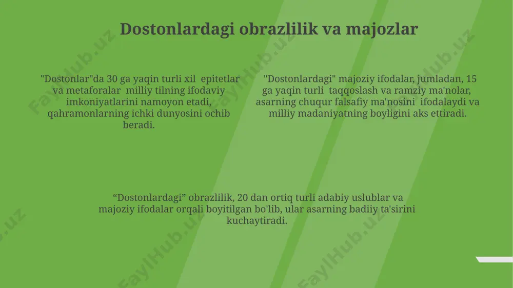ar biri oʻziga xos xususiyatlarga ega, jumladan, matn hajmi jihatidan 5000 dan 15000 gacha misrani oʻz ichiga oladi. xulosa va takliflar эпослар матнидаги архаизмлар, фразеологизмлар ва мақолларни луғат шаклида нашр этиш орқали 2000 дан ортиқ сўзни ўрганиш имкониятини яратиш мақсадга мувофиқдир. халқ эпосларидаги тилнинг гўзаллигини тадқиқ қилиш бўйича 5 тадан ортиқ илмий лойиҳа молиялаштирилиши ва уларнинг натижаларини ўқув дастурларига киритиш таклиф этилади. ўзбек тилининг бой имкониятларини намойиш этиш учун эпослардан 10 тадан ортиқ парчани аудио ва видео форматда тақдим этиш орқали ёшларда миллий ғурурни шакллантириш мумкин. e'tiboringiz uchun rahmat @taqdimot_robot
