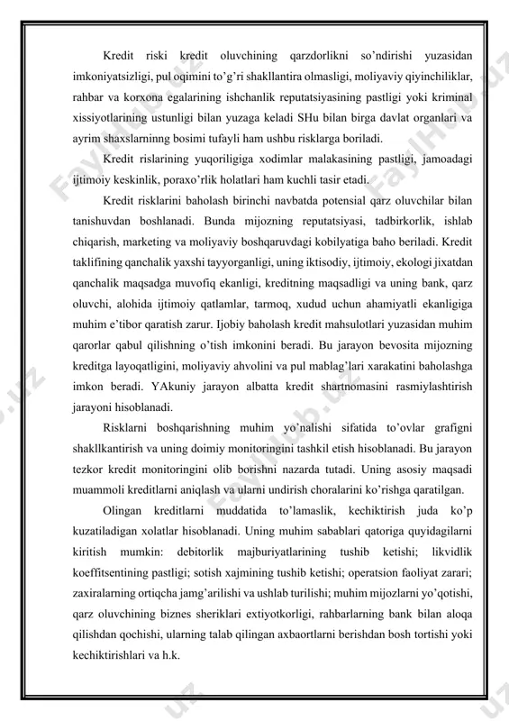 ng qaytishi bilan bog‘liq risklarni kamaytirishga harakat qiladilar. qarz oluvchi faoliyatida mavjud risklar darajasini kreditor kredit bergunga qadar, keyinchalik kredit bergandan keyin, undan foydalanish davomida aniqlash mumkin. riskni minimallashtirish maqsadida kreditor kredit berishdan oldin riskni aniqlashga harakat qiladi. bazel ii talablari 1988 yilda e’lon qilingan “kapitalni baholashning xalqaro bir xillashtirish (konvergensiya) va standartlar” (bazel i) ni takomillashtirish orqali tegishli metodologiyani ishlab chiqish, xalqaro bank tizimini ishonchliligi va barqaroroligini ta’minlashni maqsad qilib qo‘ygan. bazel ii talablari kapitalni banklar faoliyatida yuzaga keledigan risklar turlarining kengaytirilgan shkalasi bo‘yicha hisob-kitob qilishni taklif etdi. ya’ni bazel qo‘mitasi taklif qilingan risk turlarini uchta yirik toifaga ajratdi: kredit riski, bozor riski, operatsion risk. bundan tashqari, nazorat funksiyalari risklarni tijorat banklari tomonidan ichki uslub asosida nazorat qilish, ma’lumotlarning shaffofligi va bozor intizomi nuqtai nazaridan o‘zgartirildi. bu esa bazel ii ning muhim afzalliklaridan hisoblanadi. bazel qo‘mitasi tijorat banklari faoliyatida yuzaga keladigan kredit risklarini qarzdor yoki kontragent tomonidan o‘z majburiyatlarini …