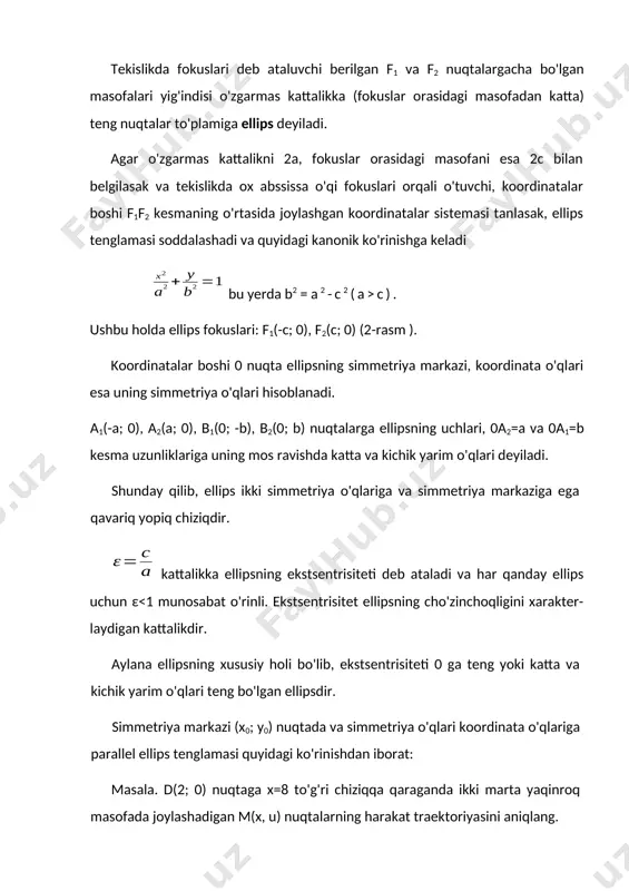 qilinadi. i.t.ye. 17 tipga boʻlinadi. ikkinchi tartibli sirtlar. 3.1. umumiy tushunchalar. fazodagi biror dekart koordinatalar sistemasida x, y,z larga nisbatan a11x 2 2a12 xy 2a13 xz 2a23 yz2 22 a y 0 (1) 2 33 a z 2 2 2 44 34 24 14 a x a y a z a tenglamani qanoatlantiradigan nuqtalar to’plami ikkinchi tartibli sirt deyiladi. 2-tartibli sirtlarga masalan: sfera, ellipsoid, giperboloid,, tsilindrlar, konuslar yoki bir qancha aylanma sirtlarni misol qilib keltirish mumkin. biz bu paragrafda aynan ana shu sirtlar bilan tanishamiz. 3.2. sfera. sferaning ta’rifi va uning kanonik tenglamasi 1-§ da berilgan edi: markazi o1 (x0 , y0 , z0 ) nuqtada, radiusi r bo’lgan sferaning kanonik tenglamasi r 2 2 0 2 0 2 0 x x y y z z edi. z m r 0 1 0 y x 3.3. tsilindrik sirtlar. ta’rif. fazoda yo’naltiruvchi, deb atalgan l-chiziqni kesib o’tuvchi va biror l to’g’ri …