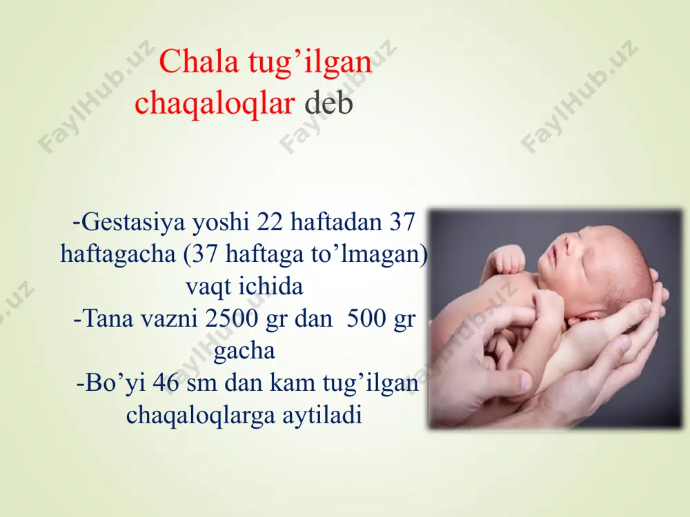 ozon osti bezi va ichaklarning fermentativ faoliyati, peristaltikasi past, qorni metiarizmga moyil. chala tug’ilgan chaqaloq belgilari nafas olish sistemasi -yetilmagan, surfaktant noaktiv, -alveolalar to’la ochilmagan. -nafas yo’llari tor va kalta, pnevmopatiyalar va pnevmoniyalar rivojlanishiga moyil chala tug’ilgan chaqaloq belgilari yurak qon tomir yurak chegarasi kengaygan, tonlar bo’g’iqlashgan,taxikardiya. ekgda o’ng qorincha zo’riqishi, gis tutam o’ng oyoqchasi blokadasi, repolyarizatsaya jarayonining buzulishi, tishlar voltajini pasayishi. embriokardiya kuzatiladi чала туғилган болаларда янги туғилганлик даврининг кечиши хусусиятлари чала туғилганларда янги туғилганлик даври постконцептуал (гестацион + постнатал) ёшни ҳисобга олганда 28 кундан кўп давом этади. масалан, агар бола 32 ҳафталик гестация муддатида туғилса, унда унинг ҳаёти 1 ойида гестацион ёши 32 + 4 = 36 ҳафтани ташкил қилади. чала туғилганларда букувчи мушакларда мушак тонусининг ошиши одатда ҳаётининг 1-2 ойларида пайдо бўлади. соғлом тана вазни 1500 г гача бўлган чала туғилган болаларда сўриш рефлекси ҳаётининг 1-2 ҳафтасида, тана вазни 1500 г дан 1000 г гача бўлганларда ҳаётининг …