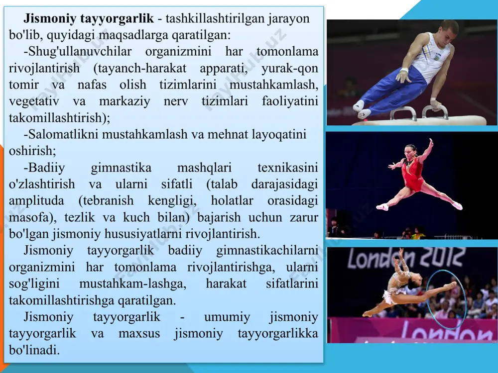 anda barcha mushaklarni ishga solish va nerv markazlarini harakatga keltirishga urg'u berish maqsadga muvofiq bo'ladi. badiiy gimnastika bilan shug'ullanuvchilarning maxsus jismoniy tayyorgarligiga doir asosiy tamoyillar quyidagilardan iborat: mutanosiblik - jismoniy sifatlarning eng maqbul, mutanosib va muvozanatga solingan tarzda rivojlantirilishi; o'zaro bog'langanlik - tuzilishi bo'yicha badiiy gimnasti-kaning asosiy mashqlariga eng yaqin bo'lgan vositalarni qo'llash; o'zish - texnik tayyorgarlikka nisbatan jismoniy qobiliyatlar-ning tezroq rivojlanishini ta'minlashdan iborat. badiiy gimnastikachilarning maxsus jismoniy tayyorgar-ligining asosiy vositalari quyidagilardan iborat: -umumiy rivojlantiruvchi mashqlar; -akrobatik mashqlar; -klassik trenaj elementlari; -badiiy gimnastika mashqlari; -jismoniy qobiliyatlarni rivojlantirishga qaratilgan quyidagi mashqlar. chaqqonlikka - murakkab koordinatsiyalangan harakatlar va buyumlar bilan mashqlarni o'z ichiga olgan topshiriqlar; jismoniy qobiliyatlarni rivojlantirish uslubiyati koordinatsiya - bu ishga faqat kerakli mushaklarni zarur tezlik va kuch bilan jalb etgan holda mushak faoliyatinii maqsadga muvofiq holda tashkil eta bilish qobiliyati. koordinatsiya mezoni harakatlami zamon (vaqt), makon va mushak harakatlari parametrlariga ko'ra aniq bajarishdan iboratdir. chaqqonlik - bu yangi harakatlarni …