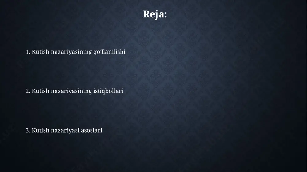 , bu kutishning salbiy ta'sirini tasdiqlaydi. kutish nazariyasi, samarqanddagi 5 yillik tadqiqotlar natijalariga ko'ra, qaror qabul qilish jarayonida 30% gacha vaqtni kutishga sarflashni ko'rsatdi, bu esa samaradorlikni pasaytiradi. kutishning turlari kutishning bir turi, 20-asr boshlarida buxoro amirligida 5 yil davom etgan qattiq qurg’oqchilik tufayli yuzaga kelgan oziq-ovqat tanqisligiga bog'liq bo'lgan ocharchilik kutishidir. farg'ona vodiysida 1920-yillarda paxta yetishtirishning ko'payishi bilan bog'liq holda, 300 dan ortiq dehqon oilalari yersiz qolganligi sababli, yer kutishi kuzatilgan. kutish va shaxsning rivojlanishi o'zbekistonning turli hududlarida o'tkazilgan 200 dan ortiq kuzatuvlar shuni ko'rsatdiki, kutish qobiliyatining yuqori darajasi 7-10 yosh oralig'ida mustaqil fikrlash va muammolarni hal qilish ko'nikmalarini rivojlanishiga ijobiy ta'sir ko'rsatadi. kutish nazariyasi, 5 yoshgacha bo'lgan bolalarda shaxs rivojlanishining muhim bosqichlarini, xususan, samarqanddagi tadqiqotlar shuni ko'rsatdiki, ijtimoiy-emotsional rivojlanishda kutishning rolini aniqlashga yordam beradi. kutish nazariyasining amaliy qo'llanilishi farg'ona vodiysidagi paxta yetishtirishda kutish nazariyasining 3 yillik qo'llanilishi natijasida hosildorlik 15% ga o'sdi va 1000 gektar maydonda samarali natijalar …