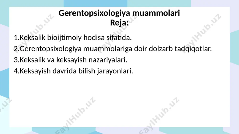 sarflayotganini his qilishadi. fozard (1990) yilning tadqiqotlaridan ma lum bo’lishicha, bu yoshdagi insonlarda eshitishning susayishi qariyalarning uchdan bir qismida, ko’roq erkaklarda kuzatiladi. bu yoshdagi insonlarning ko’pchiligida ko’rishning turlicha buzilishlari kuzatilishi mumkin. ko’z gavhari elaktikligining yo’qotilishi hisobiga predmetlarga nazar tashlash gobiliyati ning susayishini payqash mumkin. ko’z gavhari strukturasining o’garishi aniq ko’rmaslikka, keyinchalik kataraktaga olib kelishi mumkin. qariyalardagi orgarishlardan biri sifatida ko’rish o’tkirligining susayishida, mayda detallarni farqlashning qiyinchiligida namoyon boladi. bunday o’zgarishlar bifocal va trifokal koʻzoynaklar bilan toldirilishi mumkin. ijtimoiy hodisa sifatida keksalik nafaqaga chiqish, ijtimoy statusning o’rgarishi, muhim ijtimoiy rollarning yo’qolishi bilan bog’lanadi. psixologik darajada bu ro’y bergan o’zgarishlarni anglash va unga muvaffaqqiyati moslashishdan borat. qarish jarayoni insonning nerv sistemasiga ham ta'sir qiladi. dastlab uning sezgirligi kamayadi, tashqi ta’sirlarga-organizmning sekin reaksiya bildirishi, turli sezgi organlari sezgirligining pasayishi kuzatiladi. qarilik darida ko’pchilik insonlar u yoki bu ma lumotni olish uchun ko’proq vaqtt sarflayotganini his qilishadi. fozard (1990) yilning tadqiqotlaridan ma lum bo’lishicha, …
