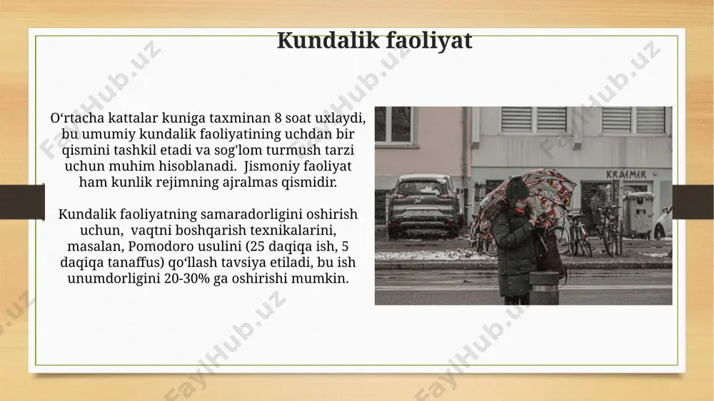 ini oshiradi; 80% hollarda rejalashtirilgan bo'sh vaqt odamlarga ko'proq qoniqish bag'ishlaydi, bu esa psixologik salomatlik ko'rsatkichlariga ijobiy ta'sir ko'rsatadi. oilaviy hayot oilaviy hayotda o'rtacha 2,5 nafar farzandli oilalar soni 2022-yilda 35% ga oshganligi kuzatildi, bu demografik o'zgarishlarni aks ettiradi. oila a'zolari orasidagi o'rtacha muloqot vaqti kuniga 2 soatdan kam bo'lsa, bu oilaning sog'lom munosabatlarida muammolar mavjudligini ko'rsatishi mumkin. e'tiboringiz uchun rahmat @taqdimot_robot image7.jpg image8.jpg image9.jpg image10.jpg image11.jpg image12.jpg image13.jpg image14.jpg image15.jpg image16.jpg image17.jpg image3.png image4.png