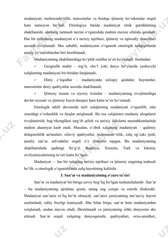 daniyatning shakllanishiga xizmat qiladi. · tarixiy va milliy o‘zlikni anglash: san’at orqali madaniyat o‘z tarixiy ildizlarini eslatadi, milliy ramzlar, afsonalar va obrazlar san’at asarlarida namoyon bo‘ladi. · ma’naviy yuksalish: san’at insonda yuksak tuyg‘ularni uyg‘otadi. bu esa madaniyatni boyitadi, uni yanada ma’nodor qiladi. · jamiyatni birlashtirish: umummilliy madaniy bayramlar, san’at festivallari, konsert va ko‘rgazmalar orqali insonlar birlashadi, o‘z madaniyatidan faxrlanish hissi ortadi. o‘zbekiston xalqining boy madaniy merosi – musiqasi, raqslari, zardo‘zlik, kulolchilik, yog‘och o‘ymakorligi kabi san’at turlari orqali avloddan-avlodga o‘tmoqda. bu san’at turlarida xalqning tarixiy tajribasi, diniy e’tiqodi, tabiatga bo‘lgan munosabati, mehnatsevarligi va go‘zallikka intilishi mujassam. xulosa qilib aytganda, san’at va madaniyat bir-birini to‘ldiruvchi, uyg‘un rivojlanadigan va jamiyatning ma’naviy taraqqiyotini belgilovchi ikki asosiy kuchdir. ularning o‘zaro ta’siri orqali xalqning milliy qiyofasi, ma’naviy olami va tarixiy xotirasi saqlanib qoladi. 4. o‘zbek xalqining tarixiy san’ati va madaniy merosi o‘zbek xalqi ko‘p ming yillik tarixga ega bo‘lgan boy madaniyat va san’at an’analariga ega. bu …