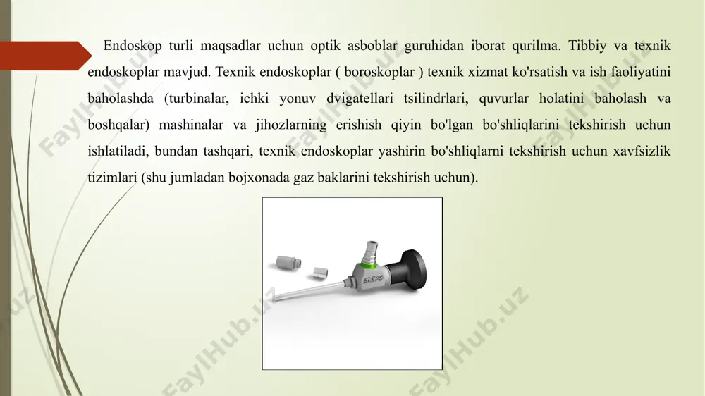 o'ladi. rasmda bu harakat fotoelektrik ta'siri deb ataladi va ko'rsatilgan . qo'shimcha fotonlar sensor yuzasiga urilganda, qo'shimcha erkin elektronlar va qo'shimcha mos keladigan teshiklar yaratiladi. sensori barpo ayblovlar ccd tushgan nur miqdori to'g'ridan-to'g'ri proportsional bo'ladi. bundan tashqari, bu ayblovlar sensorga tushadigan yorug'lik rangidan qat'i nazar yaratiladi. fotoelektrik ta'sir. a, fotosensitiv sirt. b, yuzasiga topsa photons elektronlar ozod, moddiy ichida ayblovlar barpo ishlab. c, yorug'lik ta'siridan keyin zaryadlar qoladi. tasvirni olish va o'qish chiziqli uzatish zaryadlari bilan bog'langan qurilma (ccd). haqiqiy endoskopik ccd bir necha yuz ming pikselni o'z ichiga olgan bo'lsa-da, soddaligi uchun tasvirlangan massivda 64 ta piksel mavjud bo'lib, ular 8 qatorli 8 ustunli matritsada joylashgan. a, shilliq qavatning tasviri ccd ning fotosensitiv yuzasida aks ettirilgan. xulosa yuqorida ta’kidlanganidek, endoskopik uskunalar insonning ichki organlarini tekshirish va davolash uchun ishlatiladi. maxsus qurilma - endoskop - tabiiy teshiklar yoki sun'iy kesmalar orqali kiritiladi. endoskopiya yordamida ichki organlar tekshiriladi, bo'shliq yuviladi va …