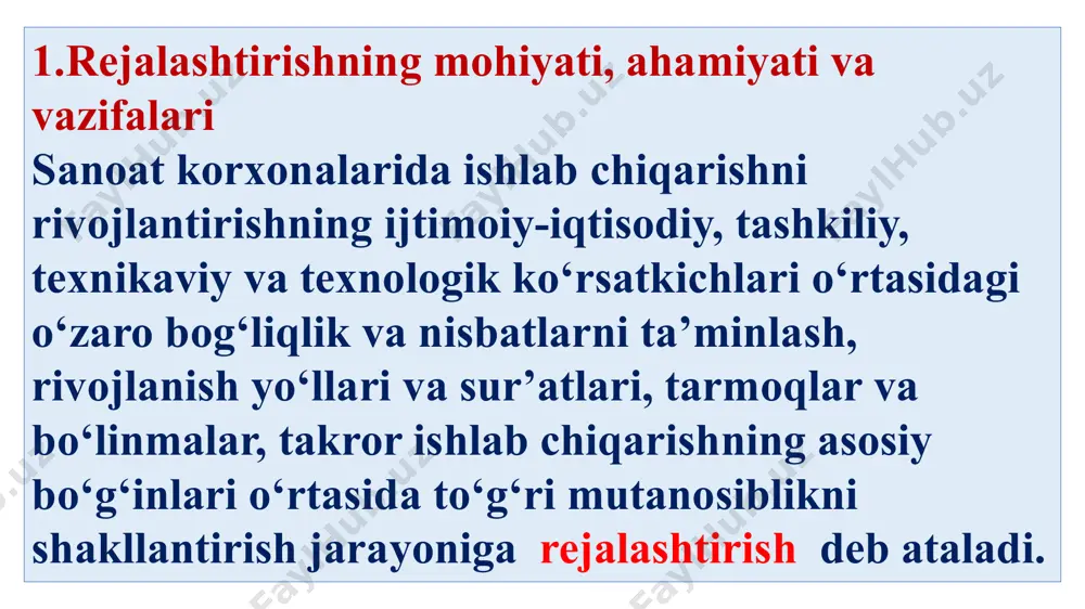 ri, mehnat resurslari, energetik resurslar, moddiy, mehnat va moliyaviy resurslar balanslarini tuzish orqali rejaning ayrim bо‘limlari va kо‘rsatkichlari о‘rtasida muvofiqlik hamda mutanosiblik ta’minlanadi. variant yoki hisob-konstruktiv usul asosida texnikaviy-iqtisodiy koeffitsentlarning, moddiy-pul xarajatlarining, tarmoqlararo va ishlab chiqarish elementlari mutanosibligining turli variantlarini ishlab chiqish yotadi. maqsadli dasturlash usuli orqali korxonani rivojlantirishning asosiy vazifasi, maqsadi aniqlanib, uni amalga oshirishning yо‘llari va vositalari ishlab chiqiladi. bu usul uzoq muddatli istiqbol rejalarni ishlab chiqishda hal qiluvchi ahamiyatga ega bо‘ladi. iqtisodiy-matematik usul rejaning eng maqsadga muvofiq (optimal) variantlarini aniqlashda, iqtisodiy, tashkiliy hamda texnik jarayonlarni optimallashtirishda keng foydalaniladi. masalan, ekin maydonlarini, poda strukturasini hamda mexanizatsiya ishlarini traktor markalari о‘rtasida taqsimlashning optimal yо‘llarini aniqlashda juda qо‘l keladi. meyoriy-resurs usulida korxona ishlab chiqarish jarayonining asosiy omillari bо‘yicha ishlab chiqarish salohiyatiga baho beriladi. meyoriy-resurs usuli qat’iy ravishda rejalashtirishning normativ bazasiga tayanadi. unga ilmiy asoslangan normalar va normalashtirish mezonlari asos bо‘lib xizmat qiladi. rejalashtirish uchun talab etiladigan dastlabki ma’lumotlar hamda istiqbol, …