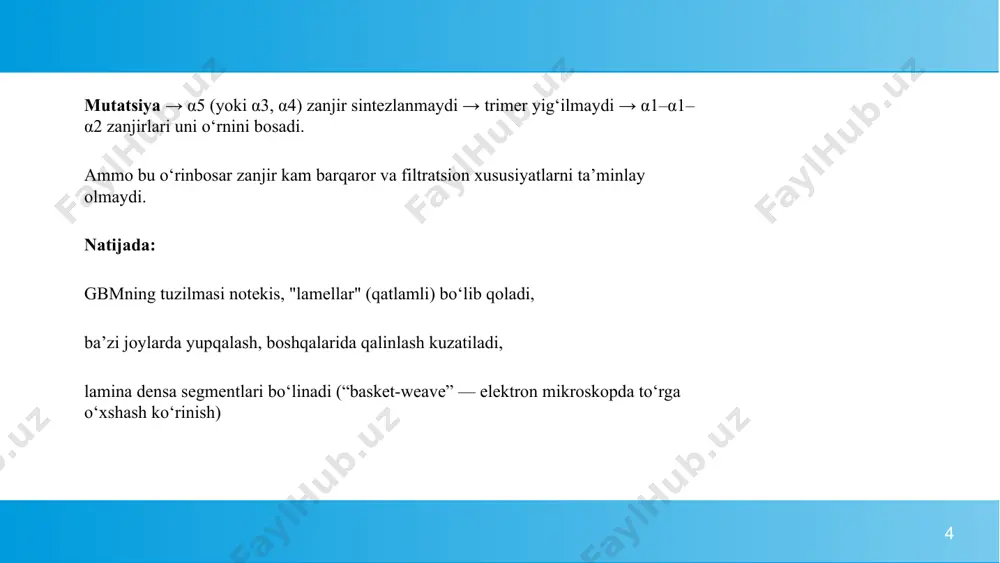 ternativa sifatida ishlatiladi. 14 simptomatik davolash 🔹 antigipertenziv terapiya doimiy arterial bosim kuzatilsa — beta-blokerlar (atenolol, metoprolol) yoki kalsiy kanali blokerlari (amlodipin) qo‘shiladi. maqsad: bp <125/75 mmhg saqlash. 🔹 proteinuriyani nazorat qilish acei + arb kombinatsiyasi faqat og‘ir holatlarda (kuzatuv ostida) beriladi. natriy cheklanishi (tuz <3 g/kun). buyrak yetishmovchiligi rivojlanganda 🔹 dietoterapiya kam oqsilli dieta (0.6–0.8 g/kg/kun) → azot chiqindilarini kamaytiradi. fosfat cheklash, k⁺ nazorati, eritropoetin qo‘llash (anemiyani bartaraf etish uchun). 🔹 eritropoetin (epoetin alfa, darbepoetin alfa) ta’sir mexanizmi: suyak ko‘migini eritrotsitlar ishlab chiqarishga rag‘batlantiradi. buyrak yetishmovchiligida epo sekretsiyasi kamayadi → shu sababli sun’iy eritropoetin qo‘llanadi. 15 e’tiboringiz uchun rahmat 16 1.png 2.png 3.png 4.png 5.png 6.png