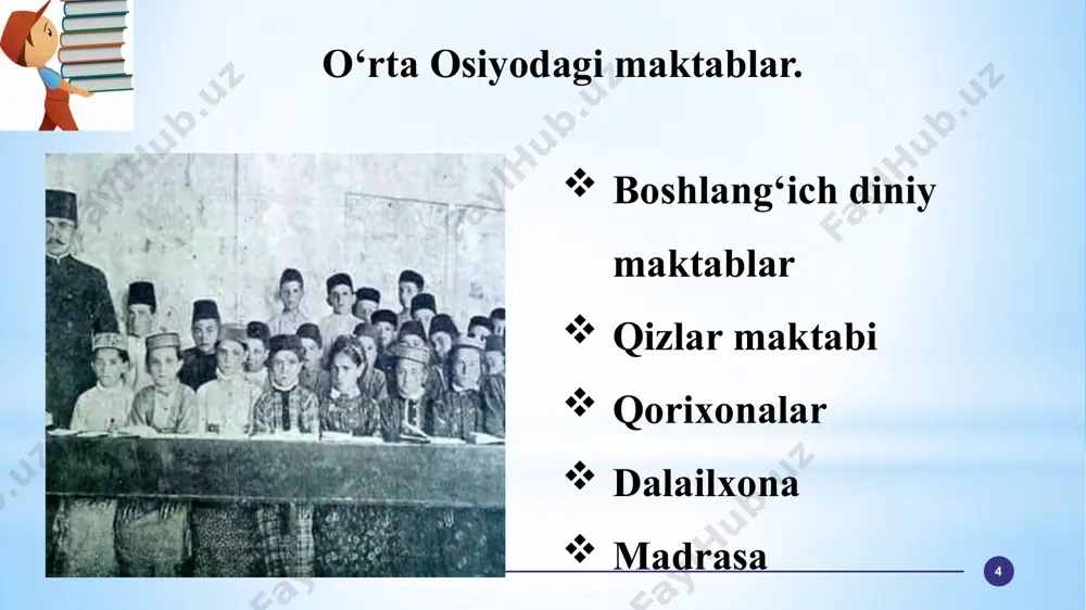 asrning boshlarida turkistonda chor mustamlakachiligining kuchayishi natijasida markaziy osiyoning ko`p joylarida jadidchilik harakati kuchayib kеtdi. ona turkistonni mustamlakachilik zulmidan qutqarish ma’rifatparvarlarning ijodiy shioriga aylandi. muqimiy, avaz, furqat anbar otin, dilshod barno, ahmad donish, mahmudxo‘ja behbudiy, abdurauf fitrat kabi ma’rifatchilar ana shular jumlasidandir. 01 02 03 04 05 97,9% 98,4% 99,3% 99,5% 1897- markaziy (o`rta) osiyo aholisining savodxonlik darajasi quyidagicha bеlgilangan: 99,4% tojiklar - 99,5% savodsiz qirg`izlar - 99,4% savodsiz turkmanlar - 99,3% savodsiz o`zbеklar - 98,4% savodsiz qozoqlar esa -97,9% savodsiz jadidchilik yoki jadidizm- (arabcha “jadid” so‘zidan olingan bo‘lib “yangi” degan ma’noni bildiradi). jadidlarning harakat dasturi quyidagi masalalarni hal qilishga qaratilgan: 1 diniy tasavvuf va fanatizmga qarshi kurash; 2 diniy aqidalarga asoslangan o’rta asr maktablari o’rniga ovrupo (yevropa) qabilidagi dunyoviy ilmlarni ona tilida o’qitishga moslangan yangi usuldagi maktablarni tashkil etish, foedal davri maorif tizimini isloh qilish; 3 jadidchilik g’oyalarini keng xalq ommasiga yetkazish niyatida yangi o’zbek adabiy tilini ishlab chiqish, …
