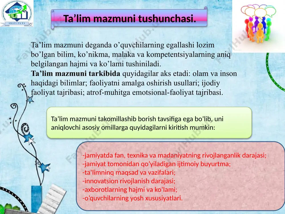 limlar va shakllantirilayotgan malakalar va kompetentsiyalarni yagona tizimdagi o’rni, umumiy o’rta ta’lim, barcha o’quv kurslari va yaxlit mazmunning bir-biriga hamda umuminsoniy, milliy madaniyat tizimi aloqadorlikda ko’rib chiqishni ko’zda tutadi. ta’lim mazmunining o’quvchilar yosh xususiyatlariga mosligi tamoyili. mazkur tamoyil ta’lim mazmunini loyihalashda o’quvchilarning yosh xususiyatlari va tayyorgarlik darajasini hizobga olishni ko’zda tutadi. ma’lum bir yosh davriga mos bilim, ko’nikma, malaka va kompetentsiyalar tizimi ta’lim mazmunida aks ettiriladi. 12.10.2021 6 ta’lim mazmunini belgilovchi me’yoriy hujjatlar. ta’lim mazmunini belgilab beruvchi eng asosiy me’yoriy hujjat davlat ta’lim standartidir. o’quv reja, o’quv dasturi, malaka talablari umimg tarkibiy qismiga kiradi. davlat ta’lim standartining maqsadi – umumiy o‘rta ta’lim tizimini mamlakatda amalga oshirilayotgan ijtimoiy-iqtisodiy islohotlar, rivojlangan xorijiy mamlakatlarning ilg‘or tajribalari hamda ilm-fan va zamonaviy axborot-kommunikatsiya texnologiyalariga asoslangan holda tashkil etish, ma’naviy barkamol va intellektual rivojlangan shaxsni tarbiyalashdan iborat. 7 davlat ta’lim standartining vazifalari quyidagilardan iborat: umumiy o’rta ta’lim mazmuni va sifatiga qo’yiladigan talablarni belgilash; milliy, umuminsoniy va …