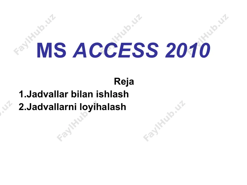 mos rusumi ga o’zgartiriladi. shu kabi boshqa maydonlarni turi va nomimi kiritiladi. * * jadval maydonlariga ma’lumot kiritishni yengillashtiruvchi ayrim amallar ctrl + ” (qo’shtirnoq) – yuqorisidagi qo’shni katakda joylashgan ma’lumot nusxasini joriy katakda hosil qilish ctrl + ; - katakda joriy sanani hosil qilish ctrl + shift + : - katakda joriy vaqtni hosil qilish * to’ldirilgan jadval ustida bajariladigan amallar 1. maydon ustidagi amallar lacetti * 2. maydondagi ma’lumotlarni filtrlash amallari matnli maydonlar uchun lacetti * 2. maydondagi ma’lumotlarni filtrlash amallari sonli maydonlar uchun * * jadval loyixalovchisi(конструктор) rejimi konstruktor rejimiga o’tish jadval rejimiga o’tish konstruktor rejimi jadval rejimi lacetti * * * jadval loyixalovchisi(конструктор) kalit maydoni maydon turi (ro’yhatdan tanlanadi) joriy maydon xossalari joriy maydon * * * jadval loyixalovchisi(конструктор) konstruktor rejimida jadval rejimida lacetti * * * jadval bilan ishlash maydonlar yozuvlar joriy yozuv tanlash sohasi yangi yozuv 1-yozuvga o’tish avvalgi yozuvga joriy yozuv nomeri navbatdagi …