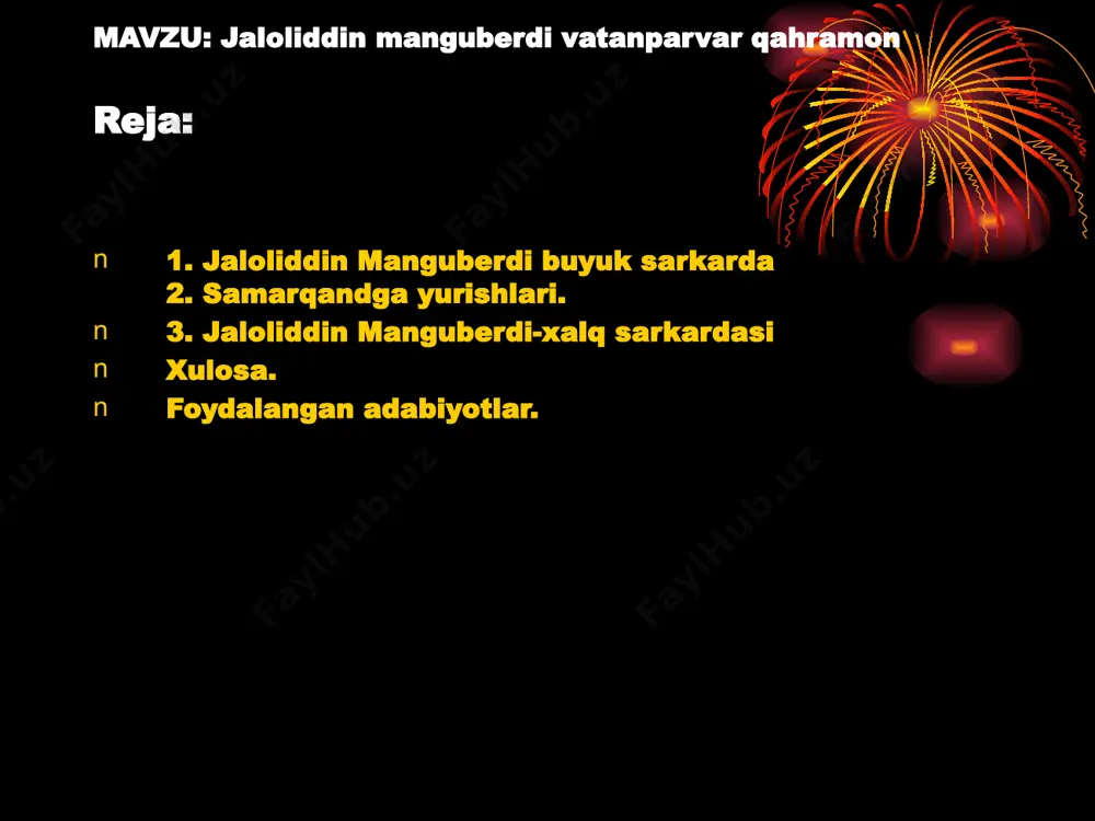 y boshchilik g’azniviylar davlatiga 1044 yildan saljuqiylar davlatiga qaram bo’ldi. xorazmning mustaqilligi uchun kurash xii asrning ikkinchi choragidan boshlandi. bu harakat xorazmshox otsiz(1127-1156) davrida boshlanib, alouddin takash (1172-1200) davrida nihoyasiga yetdi. takash davrida xorazm davlati mustaqillikga erishdi, mamlakat xududlari ikki baravar kengaydi. natijada old va o’rta osiyoda yirik va qudratli feodal davlati tashkil topdi. alouddin takash vafotidan so’ng taxtga uning ug’li sulton muhammad (1200-1220) utirdi. “tarixiy xotirasiz kelajak yo’q” islom abdug’anievich karimov «mug’ul» atamasi etnik mazmundan ko’ra, siyosiy mazmunga ega. halq o’zining ko’p sonli qabilalari nomi bilan «tatar» deb atar edi. shu sababli bu halqlar tarixda «mongolo-tatarlar» deb yuritilgan. xii asrning oxiri va xiii asr boshlarida mung’ul urug’ boshliqlari orasidan ichki kurashlarda timuchin degan kishi g’olib chiqadi. 1204-1205 mug’ilistondagi ko’chmanchi qabilalarni birlashtirib, markazlashgan davlat tuzadi. 1206 yilda timuchin onon daryosi bo’yida o’ziga buysundirilgan mo’ng’ul urug’ va qabila boshliqlarini quriltoyini chaqiradi. unda timuchinga “chingiz”- beg’ubor, toza, musaffo, baquvvat laqabi beriladi. 1220 …