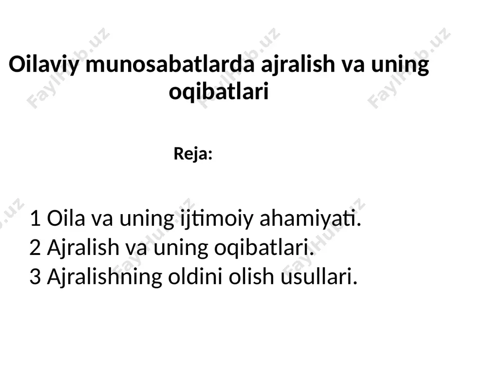 nikohlar ro‘yxatga olingan bo‘lsa, ularning 25% dan ortig‘i ajralish bilan yakunlangan. shahar joylarida ajralishlar soni qishloqlarga nisbatan yuqoriroq. ajralish oqibatlari: farzandlar uchun ajralish farzandlar uchun juda og‘ir kechadi. ular ota yoki onadan ayrilish, mehr va e’tibor yetishmasligi, psixologik bosim ostida yashashga majbur bo‘lishadi. bu holat ularning o‘qishdagi yutuqlari, do‘stlik munosabatlari va kelajakdagi turmush qurish qarorlariga salbiy ta’sir ko‘rsatadi. albatta, “bola tarbiyasi” — ajralish kontekstida juda muhim va ta’sirchan jihat. quyida bu mavzuni keng yoritib, izohlab beraman. uni slaydga aylantirish yoki matn shaklida ishlatish mumkin: ⸻ ajralishning bo8la tarbiyasiga ta’siri 1. ruhiy-psixologik ta’sir: ajralish bola ruhiyatida chuqur iz qoldiradi. ota-onasining ajralishi bolada xavotir, tushkunlik, yolg‘izlik hissini kuchaytiradi. u o‘zini aybdor deb his qilishi mumkin. bu esa uning o‘ziga bo‘lgan ishonchini pasaytiradi va depressiv holatga olib keladi.. 2. tarbiyadagi muvozanatning buzilishi: farzand ota-onaning har ikki tomonlama tarbiyasiga muhtoj. ajralishdan keyin bola odatda bitta ota-ona bilan qoladi. bu esa tarbiya jarayonida muvozanatning buzilishiga …