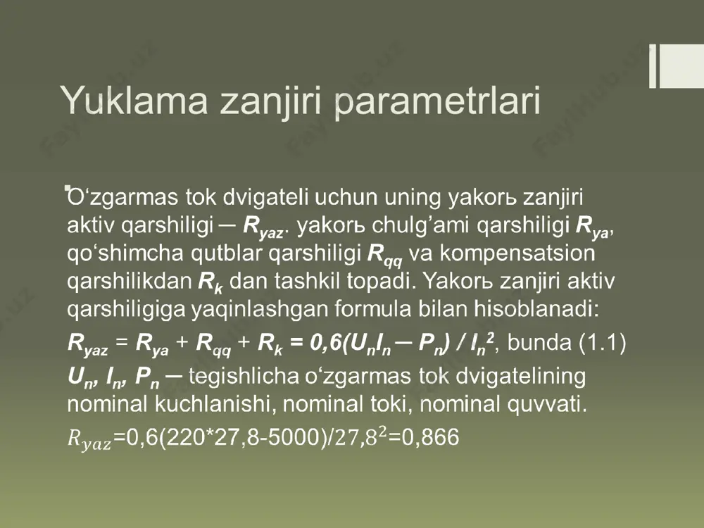 boʻyicha tekshiramiz: uaao1=380 b ≥uc=380 b ─ shart bajariladi, =37,429─ shart bajariladi =36ea=7,495ea─ shart bajariladi. oʻzgarmas tok zanjiri uchun quyidagi texnik koʻrsatkichlarga ega boʻlgan a3718b tipidagi elektromagnit ajratgichli avtomatik oʻchirgichni tanlaymiz.u quyidagi parametrlarga ega: ─ nominal kuchlanishi =380 v ─ oʻchirgichning nominal toki =80 a ─ ajratgichning nominal toki =80 a ─ qisqa tutashuvda kutilayotgan ruxsat berilgan chegara toki =40ea a3711b-ni shartlar boʻyicha tekshiramiz: uaao1=380 b ≥uc=220 b ─ shart bajariladi, =27,8a─ shart bajariladi =36ea=7,9ea─ shart bajariladi. nihoyat a1 sifatida oʻzgaruvchan tok a3718b avtomatik oʻchirgichini, a2 sifatida oʻzgarmas tok a3718b avtomatik oʻchirgichini tanlab tanlovni yakunlaymiz. xulosa biz shu kurs ishi davomida bizga berilgan 4pnm160m04 tipli dvigatel uchun moslashuvchan transformator tmg-10 taransformatori o’zgartgich ventil bo’lgan tiristor t132-40 tipli ularning himoyasi uchun avtomatlar o’zgaruvchan tok zanjiri uchun a3718b va o’zgarmas tok zanjiri uchun a3718b larni tanladik kurs ishi davomida berilgan vazifalar to’la qonli qanoatlantirildi.tanlangan qurilmalar berilgan shartlar bo’yicha bajarildi, 1. imomnazarov a.t. …