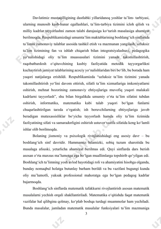 ichi. masalali yondoshuvning nazariy va amaliy rejadagi mohiyatini o‘qitish va adabiy ma’lumotlardan foydalanish jarayonini taxlil yo‘li bilan yoritamiz, bunda masalani maqsad va shart birligi sifatida tushunamiz. matematika o‘qitishda uch xil: matematik, o‘quv va metodik masalalar asosiy axamiyatga ega. ularni bir-biridan qanday farqlash kerak? ye.i.lyashshenko fikricha, ularni yechimdan erishish kutiladigan natija turiga ko‘ra farqlaymiz, ya’ni: -bu natija matematik (son, ifoda, shakl va h.k.) ko‘rinishda olingan bo‘lsa (yoki olinishi ko‘zda tutilsa), masala matematik sanaladi; -agar masala yechishdan natijani o‘quvchining aniq o‘quv maqsadini erishganini ifodalaydigan o‘quv bilimi sifatida olinsa (yoki olish ko‘zda tutilsa), masala o‘quv masalasi deb ataladi; -masalani yechish natijasi o‘qituvchi tomonidan o‘qitishda qo‘llanadigan vositalar to‘plami va ularni tartiblashtirish ko‘rinishida ifodalansa, ya’ni uning o‘qitish maqsadiga erishish, boshqachasiga, tegishli o‘quv vazifasini hal qilish uchun faoliyat modelidan iborat bo‘lsa, bu metodik masaladir. masalalarning bu turlarini chegaralash uchun quyidagilarni nazarda tutish zarur: metodik masala ta’lim mazmunini, o‘quv masalasi bu mazmunni egallash jarayonini, aks ettiradi, uning …