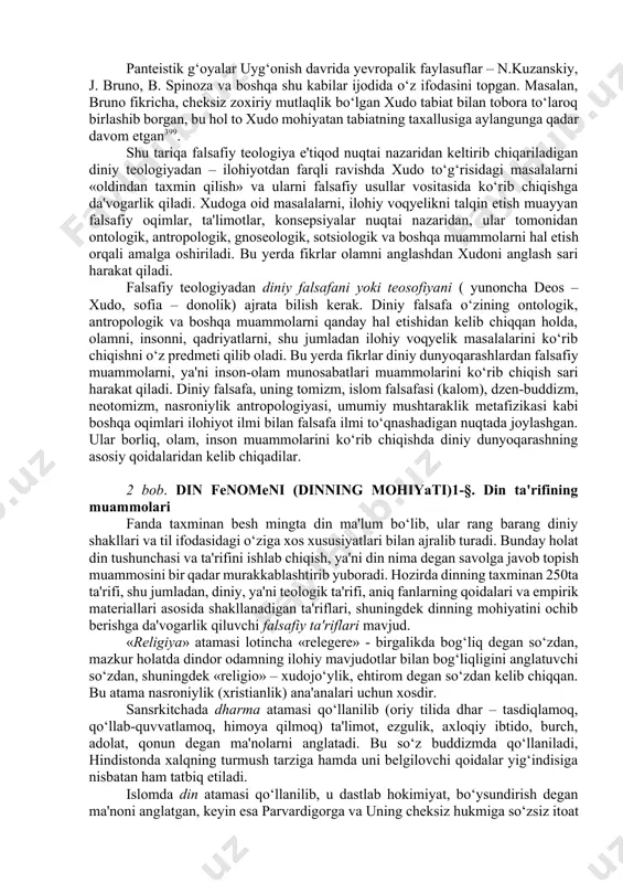 ning vazifasi xudo to‘g‘risida falsafiy ta'limot yaratishdan iborat. uning maqsadi birinchidan, xudoning mavjudligini, ikkinchidan, imkoniyat darajasida, xudoning tabiatini tushuntirib berishga, uchinchidan xudo va olam o‘rtasidagi, xudo va inson o‘rtasidagi munosabatlarni tavsiflashga qaratilgan. aytib o‘tish joizki, falsafiy teologiya, diniy teologiya kabi xudoni to‘liq va mukammal anglab yetish uchun da'vogarlik qilmaydi. falsafiy teologiya xudoning asosiy sifatlarini ko‘rsatib berishga va anglashga intiladi. qodirlik, har narsadan voqiflik, har yerda hozirlik, doimiylik, g‘oyibiylik va boshqa shu kabilar xudoga xos fazilatlar sifatida e'tirof etiladi. eng muhim muammo xudo va olam, xudo va yaratuvchilik, xudo va inson o‘rtasidagi munosabatlardan iboratdir. xudo va olam o‘rtasidagi munosabatlar masalalari borasida falsafiy teologiyaning turli yo‘nalishlari o‘rtasida qizg‘in bahslar bormoqda. teizm ( grekcha deus – xudo) mumtoz, an'anaviy falsafiy-ilohiy ta'limot hisoblanadi. teizm mutlaq borliqni, olamni o‘z xohish-irodasiga ko‘ra yaratgan va uni mangu boshqaradigan, olamga nisbatan barhayot ilohiy xilqat (shaxs) sifatida tushunishdan kelib chiqadi. teistik ta'limotga ko‘ra xudo olamning, umuman, rang baranglikdan iborat …