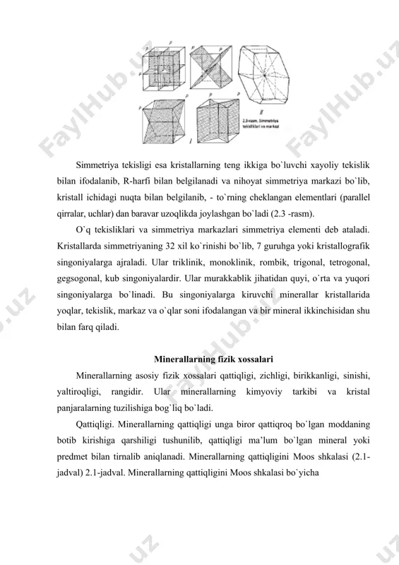 hki yuzasini eslatadi. cho`kirtak sinishda-mineralning singan yuzasidan-tikan chiziqli yo`llar hosil bo`ladi (asbest, kremniy, minerallari). changli sinish-singan yuzada mayda chang zarralari yopishib qolganga o`xshaydi. yaltiroqligi – minerallar sirtiga tushgan yorug`likni ma’lum darajada qaytaradi va ularning ko`rinishi, shunga ko`ra, sirtlari xira, boshqalariniki esa yaltirab turadi. minerallar yaltiroqligi bo`yicha quyidagi ko`rinishlarga ega: metallsimon, shishasimon, sadafsimon, yog`li va och kul rangli. rangi – tabiatdagi minerallarning rangi turli xil ko`rinishda uchraydi. masalan, misning hamma suvli birikmalari yashil yoki ko`k rangda bo`ladi (malaxit, azurit). minerallarning rangi ba’zan ikki xil rangni qo`shilishidan hosil bo`lgan rangda ham tovlanishi mumkin. ularning rangiga tarkibida qo`shilgan begona aralashma ham ta’sir ko`rsatishi mumkin. bularga fe, ni, ti, ca, cu va boshqalar bo`lib, oz miqdorda bo`lsa ham, mineral rangini o`zgartirishi mumkin. tog` jinslarini hosil qiluvchi asosiy minerallar ko`pchilik minerallar tarkibida asosan kislorod, qumtuproq, alyuminiy, temir, kal’tsiy va boshqa kimyoviy elementlar uchraydi. minerallarni kimyoviy tarkibi bo`yicha quyidagi guruhlarga bo`linishi mumkin; 1. oksidlar-eng ko`p tarqalgani-kvartsdir …