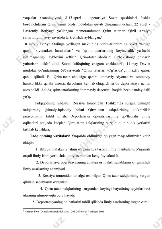 ining surgun qilinish jarayonlari sabablari uning natijasida oʻzbekiston hududiga bu xalqlarning koʻchirib kelishini boʻlishimiz mumkin. bitiruv malakaviy ishining tarkibiy tuzilishi: ushbu bitiruv malakaviy ishi kirish, ikki bob, har bir bobda uchtadan qism, xulosa, foydalanilgan adabiyotlar ro'yxatidan iborat. i bob. qirm-tatarlarining deportatsiya qilinish jarayonlari. 1.1. savetlar davlatining kuch ishlatish siyosati kuchayishi 1944 yil 18 mayda qrim-tatar xalqini deportatsiya qilish boshlandi. deportatsiya operatsiyasi 1944 yil 18 may kuni erta tongda boshlanib, 20 may kuni soat 16:00 da tugadi. uni amalga oshirish uchun jazolovchi hokimiyatga atigi 60 soat va har birida 50 ta vagon bo'lgan 70 dan ortiq eshelon kerak bo'ldi. uni amalga oshirish uchun nkvd qo'shinlari 32 mingdan ortiq kishidan iborat bo'lgan. deportatsiya qilinganlarga yig'ish uchun bir necha daqiqadan yarim soatgacha vaqt berildi, shundan so'ng ular yuk mashinalarida temir yo'l stantsiyalariga olib ketildi. u yerdan eskort bilan poezdlar surgun joylariga yo'l oldi. guvohlarning so‘zlariga ko‘ra, qarshilik ko‘rsatgan yoki yura olmay qolganlar ko‘pincha …