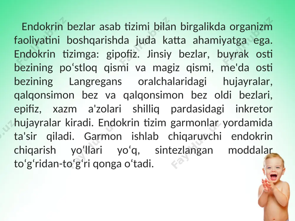 sintezlanuvchi va glandotrop gormonlarning ajralishini boshqaruvchi rilizing gormonlar va ingibitor gormonlar. endokrin tizimga: gipofiz. jinsiy bezlar, buyrak osti bezining po‘stloq qismi va magiz qismi, me'da osti bezining langregans oralchalaridagi hujayralar, qalqonsimon bez va qalqonsimon bez oldi bezlari, epifiz, xazm a'zolari shilliq pardasidagi inkretor hujayralar kiradi i. markaziy endokrin organlar 1. gipotalamus 2. gipofiz 3. epifiz gipotalamus gipotalamusdagi hujayralarning bir qismi gormon ishlab chiqarish qobiliyatiga ega. bu gormonlar rilizing omil yoki rilizing gormon deb nomlanadi. rilizing gormonlarni ishlab chiqaruvchi hujayralar esa neyrosekretor deb ataladi. gipofiz o’z navbatida gipotalamusning rilizing omillari va statinlari yordamida nazorat qilinadi. в подкласс рилизинг-гормонов гипоталамуса входят следующие гормоны: кортикотропин-рилизинг-гормон (кортиколиберин) соматотропин-рилизинг-гормон (соматолиберин) тиреотропин-рилизинг-гормон (тиролиберин) пролактотропин-рилизинг-гормон (пролактолиберин) люлитропин- рилизинг- гормон (люлиберин) фоллитропин-рилизинг- гормон (фоллилиберин) меланотропин- рилизинг-гормон ( меланолиберин) в подкласс статинов входят : соматостатин пролактостатин меланостатин в подкласс гормонов задней доли гипофиза входят: антидиуретический гормон, или вазопрессин окситоцин вазопрессин и окситоцин синтезируются в гипоталамусе, а затем поступают в …