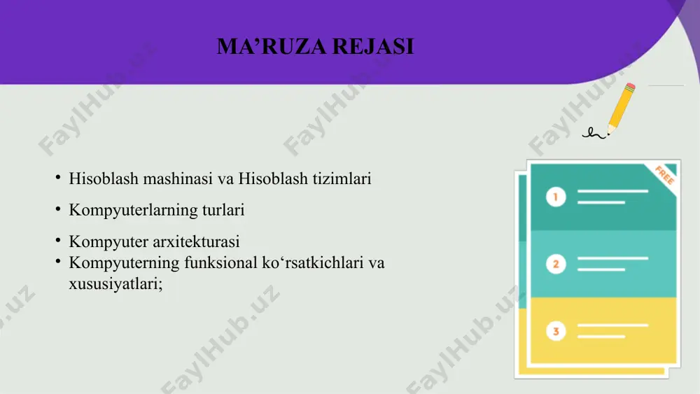 vaqtning o‘zida foydalanishi mumkin bo‘lgan yirik tashkilotlar tomonidan qo‘llaniladi. superkompyuterlar superkompyuter - bu umumiy maqsadli kompyuterga nisbatan yuqori unumdorlikka ega kompyuter hisoblanadi. planshet va smartfon zamonaviy texnologiyalar yanada rivojlangan. bu cho‘ntak uchun qulay bo‘lgan kompyuterlarni ishlab chiqishga yordam berdi. planshetlar va smartfonlar bunday kompyuterlarning eng yaxshi namunasidir. kompyuterni tashkil etilishi arxitekturasi tashkil etilishi 1. qanday kompyuter arxitekturalari mavjud … ? 2. hozirgi kompyuterlar qaysi arxitekturaga asoslangan … ? kompyuter arxitekturasi kompyuter arxitekturasi — bu kompyuter tizimining tarkibiy qismlarini, ularning bir-biri va atrof-muhit bilan oʻzaro taʼsiri, shu jumladan uni loyihalash va rivojlantirish tamoyillarini oʻz ichiga oladi kompyuter arxitekturasining turlari fon-neyman arxitekturasi garvard arxitekturasi fon-neyman arxitekturasi fon-neyman arxitekturasi raqamli kompyuter arxitekturasi bo‘lib, dastur ma'lumotlari va ko‘rsatmalar ma’lumotlar bitta xotirada saqlanadi. ushbu arxitektura 1945 yilda taniqli matematik va fizik jon von neumann tomonidan ishlab chiqilgan. garvard arxitekturasi bu raqamli kompyuter arxitekturasining bir turi bo‘lib, dastur ma'lumotlari va ko‘rsatmalar ma'lumotlar alohida xotirada saqlanadi. ushbu …
