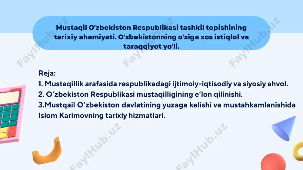 qadriyatlarga va demokratiya prinsplariga asoslanib, o’zbekiston sovet sotsialistik respublikasining davlat mustaqilligini e’lon qiladi mustaqillik deklaratsiyasi 12 banddan iborat mustaqillik deklaratsiyasining qabul qilinishi mamlakatimizning tom ma’nodagi, haqiqiy mustaqillikka erishish yo‘lida muhim ahamiyatga ega bo‘ldi. shundan e’tiboran mamlakatimizning siyosiy, iqtisodiy va ma’naviy hayotiga doir masalalar mustaqil tarzda hal etila boshlandi. o‘zbekistonning mustaqillik sari intilayotgani uning yangi ittifoq shartnomasini ishlab chiqish jara-yoniga respublika manfaati nuqtayi nazaridan kelib chiqqan holda, qat’iylik bilan yondashayotganida yaqqol namoyon bo‘ldi. 1991 yil aprelda kiyevda ukraina, rossiya, belarus, o‘zbekiston, qozog‘iston respublikalari rahbarlarining uchrashuvi bo‘ldi. uchrashuvda mustaqil respublikalar manfaatlariga mos keladigan ittifoq shartnomasini tuzishga yondashish yo‘llari ishlab chiqildi va tegishli bayonot imzolandi. bu hujjatni qirg‘iziston, тojikiston, тurkmaniston respublikalari ham imzolashga rozilik bildirdi. markaz yon berishga majbur bo‘ldi. 1991 yil aprelda novo-ogoryovoda sssr prezidenti m.s.gorbachyovning 9 respublika rahbarlari bilan uchrashuvi bo‘ldi. ishtirokchilar tomonidan „mamlakatdagi vaziyatni bar-qarorlashtirish va tanglikni bartaraf etishga doir kechiktirib bo‘lmaydigan choralar to‘g‘risida qo‘shma bayonot“ imzolandi. bu hujjat “9+1” …