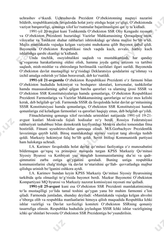 bo‘lganini ko‘rsatadi. 1991-yil 3-iyunda novo-ogoryovoda sssr oliy soveti vakillari bilan respublika rahbarlari o‘rtasida uchrashuv bo‘ldi. mulk, til va yangi shartnomani tasdiqlash tartibi to‘g‘risida keskin munozara bo‘ldi. o‘zbekiston respublikasi prezidenti i. a. karimov mavjud ittifoq, uning tuzilmasi, markaz bilan respublikalar o‘rtasida vakolatlar taqsimoti hech kimni qoniqtirmasligini keskin qilib qo‘ydi, markazchilik nuqtayi nazarini o‘tkazishga urinuvchilarni qattiq tanqid qildi. uchrashuvda ishtirokchilarning fikr-mulohazalari asosan inobatga olingan „mustaqil davlatlar ittifoqi to‘g‘risida shartnoma“ loyihasi ishlab chiqildi. loyiha barcha respublikalar oliy kengashlariga muhokama uchun jo‘natildi. mazkur shartnoma loyihasi o‘zbekiston oliy kengashida 1991-yil 14-iyunda muhokama qilindi. kengash federatsiya tamoyillari asosida mustaqil davlatlar ittifoqini tuzish tarafdori ekanligini bildirdi. shu bilan birga respublikalar vakolatlarini yanada kengaytirishga doir takliflarni ilgari surdi. 1991-yil iyul oyining oxirlarida novo-ogoryovoda yangi shartnoma loyihasini uzil-kesil tayyorlash uchun markaz vakillari va respublika rahbarlarining uchrashuvi bo‘ldi. markazni ham, respublikalar rahbarlarini ham qanoatlantiradigan „mustaqil davlatlar ittifoqi to‘g‘risida shartnoma“ loyihasi tayyorlandi. ammo hamma rozi bo‘lgani holda „mustaqil davlatlar ittifoqi to‘g‘risidagi …