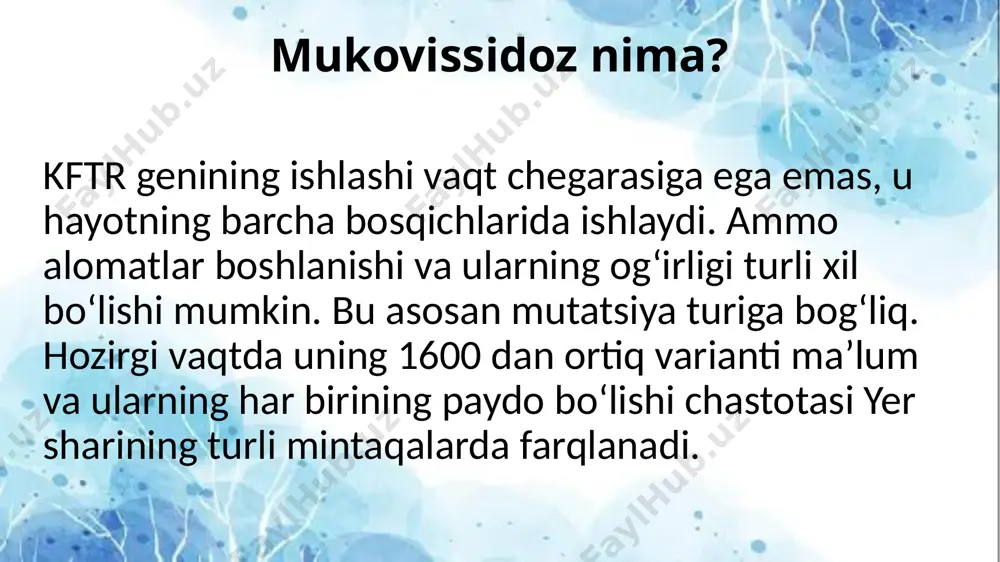 a boshqa organlar kasalliklari bilan tasniflanadi. shuningdek, «aniqlanmagan mukovissidoz» degan tushuncha ham mavjud. bu holda shifokor faqat eng og‘ir holatlarni shifrlashiga to‘g‘ri keladi, chunki 70% holatlarda kasallikning aralash (o‘pka-ichak) shakli namoyon bo‘ladi. tashxis qo‘yish vaqtida ular mavjud bo‘lgan kasallikning kechish darajasini ko‘rsatib, allaqachon rivojlanayotgan asoratlar tasvirlanadi. bolalarda mukovissidoz 90 dan94% gacha bo‘lgan hollarda mukovissidoz bola hayotining dastlabki yillarida boshlanadi. ba’zan uning alomatlari yangi tug‘ilgan chaqaloqlarda topilgan va bir necha kun davomida o‘sadi bolalikda mukovissidoz asosiy belgilari quyidagilardan iborat enzim etishmovchiligi tufayli ichak buzilishlari. aksariyat hollarda ular qo‘shimcha ovqatni yoki qo‘shimcha oziq-ovqat mahsulotlari bilan tanishayotganda paydo bo‘ladi. ko‘pchilik hollarda tarkibida ko‘p miqdor yog‘ (steatoreya) bilan tez-tez badbo‘y najas va qorin shishishi kuzatiladi. tez orada gipopolivitaminoz va temir moddasi etishmasligi bilan bog‘liq anemiya rivojlanadi. qandli diabetning paydo bo‘lish ehtimoli yuqori. takroriy uzoq muddatli murakkab pnevmoniyaga chalinish moyilligi. bolalikda mukovissidoz asosiy belgilari quyidagilardan iborat ovqatni yutishda qiyinchiliklar, bu tupurikning o‘ta yopishqoqligi va oshqozon …