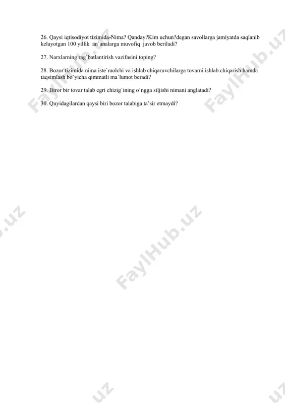 gilarning qay biri kiritilmaydi ? 9. mehnat unumdorligining omillariga quyidagilarning qaysi biri kiritilmaydi? 10. mikroiqtisodiy o‘sish ko‘rsatkichlariga quyidagilarning qaysi biri kiritilmaydi? 11. tadbirkorlikning asosiy jihatlaridan biri? 12. tadbirkorlik faoliyati bilan shug'ullanishi mumkin bo'lmagan shaxslar ? 13. tadbirkorlikning nechta turi bor ? 14. pul va qimmatli qog'ozlar oldi sotdisi bilan 15. yakka tadbirkorlik ko'pi bilan nechta ishchi yollashi mumkin? 16. tadbirkorlikning qaysi shaklida alohida yuridik manzil talab etilmaydi? 17. o'zbekiston ishbilarmon ayollar assotsiatsiyasi qachon tashkil topgan? 18. iqtisodiyotga oid 1-kitob kim tomonidan yozilgan? 19. iqtisodiyotning asosiy tarkibiy qismi nima? 20. ekonomikos so'zining ma'nosi nima? 21. oilaviy korxonada eng kamida necha kishi ishlashi mumkin ? 22. oilaviy korxona ustav fondining minimal miqdori eng kam ish haqining necha barobaridan kam bo'lmasligi kerak? 23. oilaviy korxona shug'ullanishi mumkin bo'lmagan faoliyat turi qaysi? 24. mikrofirmaning ishlab chiqarish sohasida ishlovchilarning o'rtacha yillik soni nechtadan oshmasligi kerak 25) kichik korxonaning yengil oziq -ovqat hamda qurilish materiallari sanoatida …