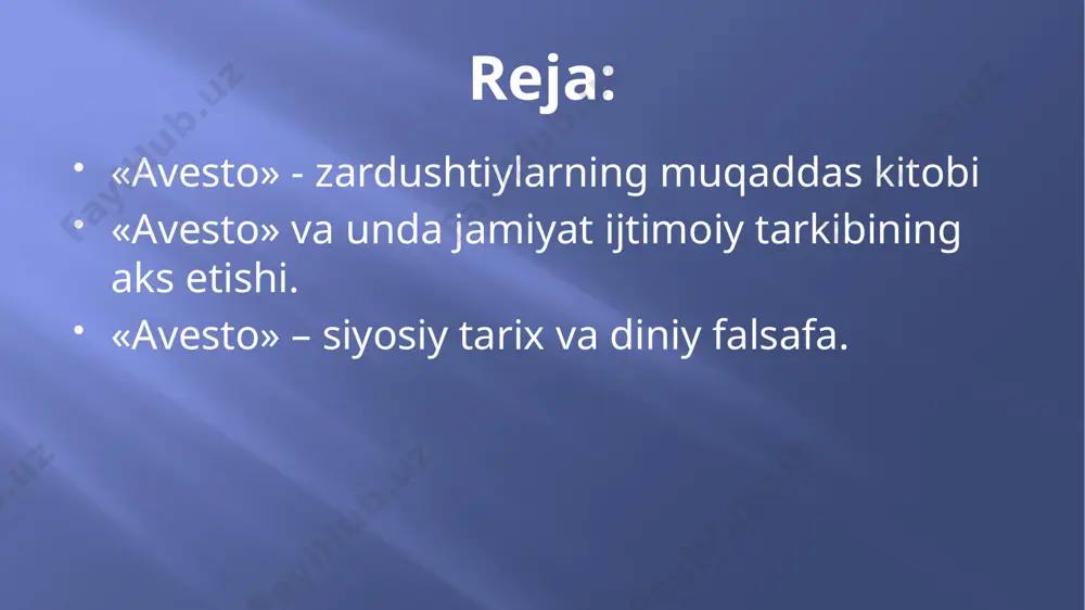 b 150 ming zardushtiy hindistonning bombay va gujarot o‘lkalarida o‘z dinlarini saqlab yashab kelmoqda. bugungi kunda eronda zardushtiylarning soni 30 mingga yaqin bo‘lib, ularning aksariyati tehronda istiqomat qiladi. avesto - «qat’iy o`rnatilgan qonunlar» degan ma’noni anglatadi; «avesto» o‘rta fors tilidan «apastak», ya’ni «asos» ma’nosini beradi. bu dinning g‘arbdagi nomi – zoroastrizm, arablar otashparastlar deyishgan. bu dinning payg‘ambari-zardusht buyuk munajjim sifatida g‘arbda shuxrat qozongan; zardushtiylikda ezgulik, adolat, tenglik, rahm-shafqat va barcha insoniy fazilatlar targ‘ib etiladi; unda yaxshi fikr, yaxshi so‘z, yaxshi amal, ya’ni kishining o‘ylagan fikri, aytgan so‘zi, qilgan ishi bir-biriga muvofiq bo‘lgandagina u haqiqiy baxt saodatga erishadi – degan g‘oya yotadi; zardushtiylik dinining xudolari: axuramazda (ezgulik xudosi), axrimon (yovuzlik xudosi mitra quyosh va yorug‘lik xudosi, jangovar yigit siymosida tasvirlanadi. aredvisura anahita hosildorlik va farovonlik ma’budasi, u bir qo‘lida anor yoki olma tutgan go‘zal ayol qiyofasida tasvirlanadi farna mahalliy aholi xumo ba’zan anko nomi bilan yuritgan baxt va tole xudosi, nihoyatda …