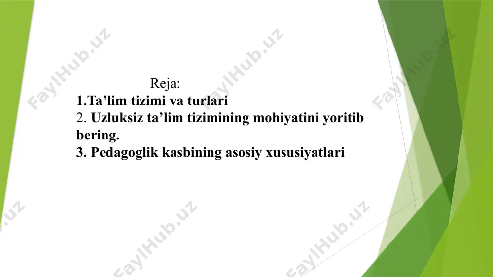'iim tizimining yangilanishiga sabab bo'ldi. oldingi qabul qilingan qonunlardan farqli o'laroq, xalq ta'limi tizimi tuzilishida bir qancha yangi qoidalar joriy etildi va bajarilishi majburiy, deb qayd qilindi. uzluksiz ta'lim kadrlar tayyorlash tizimining asosi, o'zbekiston respublikasining ijtimoiy-iqtisodiy taraqqiyotini ta'min-lovchi, shaxs, jamiyat va davlatning iqtisodiy, ijtimoiy, ilmiy-texnikaviy va madaniy ehtiyojlarini qondiruvchi ustuvor sohadir. uzluksiz ta'lim ijodkor, ijtimoiy faol, ma'naviy boy shaxs shakllanishi va yuqori malakali raqobatbardosh kadrlar xam tayyorlanishi uchun zarur shart-sharoitlar yaratadi. 2. uzluksiz ta’lim tizimining mohiyatini yoritib bering. uzluksiz ta'lim tizimining faoliyat olib borishi davlat ta'lim standartiari asosida, turli darajadagi ta'lim dasturlarining izchiliigi asosida ta'minlanadi va quyidagi ta'lim turlarini o'z ichiga oladi: — maktabgacha ta'lim; — umumiy o'rta ta'lim; — o'rta maxsus kasb-hunar ta'limi; — oliy ta'lim; — oliy o'quv yurtidan keyingi ta'lim; — kadrlar malakasini oshirish va ularni qayta tayyorlash; — maktabdan tashqari ta'lim. kadrlar tayyorlash milliy modelining o'ziga xos xususiyati mustaqil ravishdagi to'qqiz yillik umumiy o'rta hamda uch …