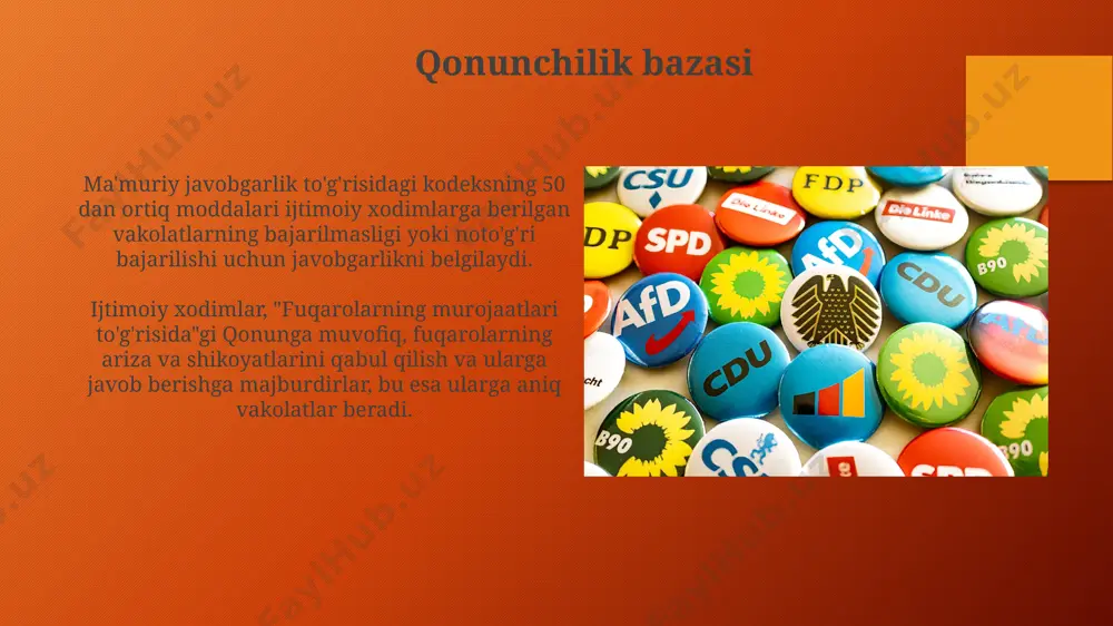 yordam ko'rsatish bo'yicha vakolatlarga ega. sog'liqni saqlash muassasalarida nogironlarning 10 foizgacha bo'lgan qismini ijtimoiy-psixologik qo'llab-quvvatlash va moslashtirish xizmatlarini ta'minlash vakolatiga ega. bolalar bilan ishlashda vakolatlar ijtimoiy xodimlar bolalar bilan ishlashda, zarur hollarda, davlat organlari bilan hamkorlikda, oilaviy muhitni o'rganish, 3 kun ichida tegishli organlarga xabar berish kabi vakolatlarga ega. bolalarni himoya qilish bo'yicha ijtimoiy xodimlar profilaktika choralarini ko'rish, 5 yoshgacha bo'lgan bolalarga oid ma'lumotlarni yig'ish va tahlil qilish huquqiga ega. xavfsizlik va himoya choralari oilaviy zo'ravonlik holatlarida, ijtimoiy xodimlar, qonun hujjatlariga muvofiq, 5 kun ichida tegishli organlarga, shu jumladan, ichki ishlar organlariga xabar berish va himoya choralari qo'llash bo'yicha tavsiyalar berish majburiyatiga ega. xavfsizlik choralari doirasida, ijtimoiy xodimlar, zo'ravonlik yoki tahdid ostida bo'lgan shaxslarga 24 soat davomida yordam ko'rsatish, vaqtinchalik boshpana topish yoki tibbiy yordamga yo'naltirish kabi xizmatlarni taqdim etishlari mumkin. e'tiboringiz uchun rahmat @taqdimot_robot image3.png image4.jpg image5.jpg image6.jpg image7.jpg image8.jpg image9.jpg image10.jpg image11.jpg image12.jpg image13.jpg image14.jpg image15.jpg image16.jpg image17.jpg …