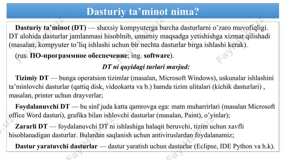 rlari juda ko’p bo’lib, dastur tanlashda qanday muammoni yechish uchun tanlanayotganiga e’tibor berish kerak. “qaroqchi dasturlar” (crack software) xavfsizlik tomondan ishonchsiz bo’lishi mumkin! dasturlarni faqat ishonchli saytlardan yuklash kerak. katta hajmli bo’lsa torrentdan. imkon qadar kompyuterga og’irlik qilmaydigan dasturdan foydalanish kerak. portable versiyadan keng foydalanishni tavsiya qildik! xulosa /docprops/thumbnail.jpeg