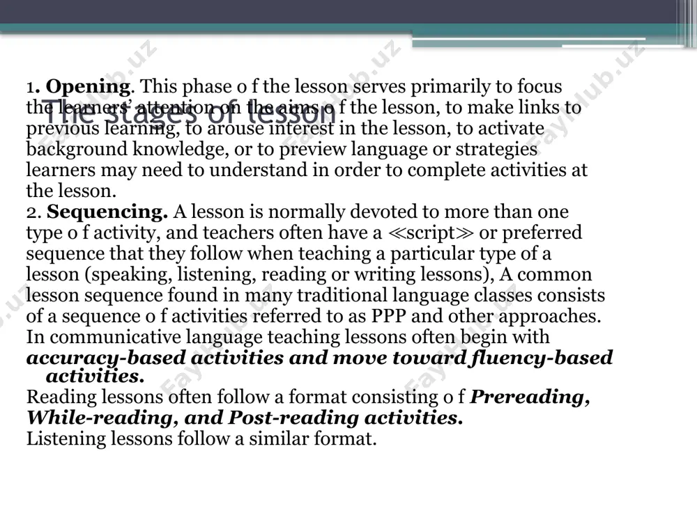 t aids for tasks doing; - to be able to see the visual and verbal supporters in the material o f the task to overcome the difficulties; - to provide the appropriate conditions for task doing. teachers can train students to take charge o f every stage o f their independent learning, which includes: - setting goals; - identifying and developing strategies to achieve such goals; - developing study plans; - reflecting on learning (which includes identifying problem areas and the means o f addressing these problems); - identifying and selecting relevant resources and support; - assessing one’s own progress (which includes a certain criteria for evaluating performance and learning). used literature j.j. jalolov, g.t. m akhkam ova, sh.s. ashurov english language teaching methodology (theory and practice) coursebook fo r students o f specialized departments o f the universities and institutes tashkent – 2015 /docprops/thumbnail.jpeg