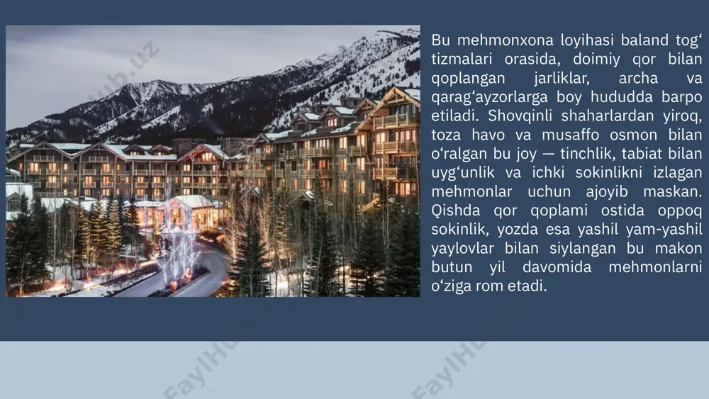 lan boyitilgan. har bir xona minimalistik, ammo qulay dizaynga ega: yog‘och to‘shaklar, iliq matolardan tikilgan pardalar, maxsus isitish tizimi va sovuq havoni ushlab qoluvchi derazalar mavjud. mehmonxona xonalari xonalar turli darajadagi mehmonlar ehtiyojlariga qarab tuzilgan: standart xonalar – ixcham, iliq va zamonaviy. issiq pol qoplamasi, issiqlik regulyatori va manzarali derazalar bilan ta’minlangan. deluxe xonalar – kengroq maydon, balkon yoki yopiq veranda orqali tog‘ manzarasini ko‘rish imkonini beradi. suite xonalar – ikki bo‘limli: dam olish xonasi va alohida yotoqxona, oilaviy sayohatchilar uchun ideal. prezident apartamentlari – katta maydon, o‘z kaminli zali, panoramali derazalar, individual sauna va alohida xizmat ko‘rsatish tizimi mavjud. yopiq issiq basseyn, sauna, bug‘ xonasi va massaj xonalaridan iborat. hammayoqlar qorli tog‘ manzarasiga ochilgan oynavand devorlar bilan qurilgan. funksional zonalar mehmonxonaning funksional zonalari tog‘ muhitiga moslashtirilgan va har bir mehmon uchun dam olish imkoniyatlarini kengaytiradi spa va wellness zonasi archa yog‘ochidan qilingan ichki dizayn, kaminli zal va tog‘ o‘tovlarini …
