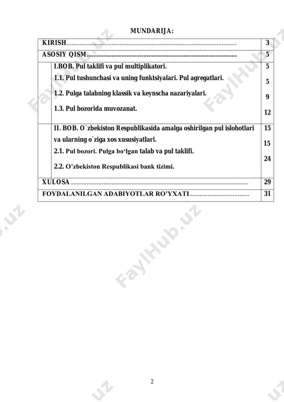 aviy aktivlarni aktsiyalar, obligatsiyalar, bankdagi omonatlari ko’rinishida qo’llarida tutib turadi. jamg’arish zaruriyati ham pulga bo’lgan talabni shakllantiradi. pulga bo’lgan umumiy talab foiz stavkasi miqdoriga yoki pulning ishlatilishi bahosiga nisbatan teskari bog’liqlikda bo’ladi. foiz stavkasi qanchalik yuqori bo’lsa, pulga bo’lgan talab shuncha past bo’ladi va aksincha, foiz stavkasini pasayishi bilan pulga bo’lgan talab oshadi. milliy ishlab chiqarish o’rtasidagi barcha iqtisodiy munosabatlar pul yoki uning vositalari yordamida amalga oshiriladi, o’lchanadi, baholanadi. pul – maxsus xususiyatga ega bo’lgan tovar hisoblanib, ayirboshlashning rivojlanishi natijasida paydo bo’lgan. u tovarlar ayirboshlashda umumiy teng qimmatlilik rolini bajaradi. pul maxsus xususiyatga, ya’ni likvidlilik xususiyatiga ega bo’lganligi uchun ham ideal vosita hisoblanadi. xar qanday buyumning likvidliligi uni sezilarsiz sarf xarajatlar bilan boshqa buyumga ayirboshlanish qobiliyatini bildiradi. agar sarf xarajatlar nulga teng bo’lsa, unda bunday buyum mutloq likvidli hisoblanadi. masalan 1000 so’mlik qiymatga ega bo’lgan pulni boshqa ko’pgina buyumlarga oson almashtirish mumkin va bunda sotuvchilar 1000 so’mlik 4 qog’ozning qiymatini …