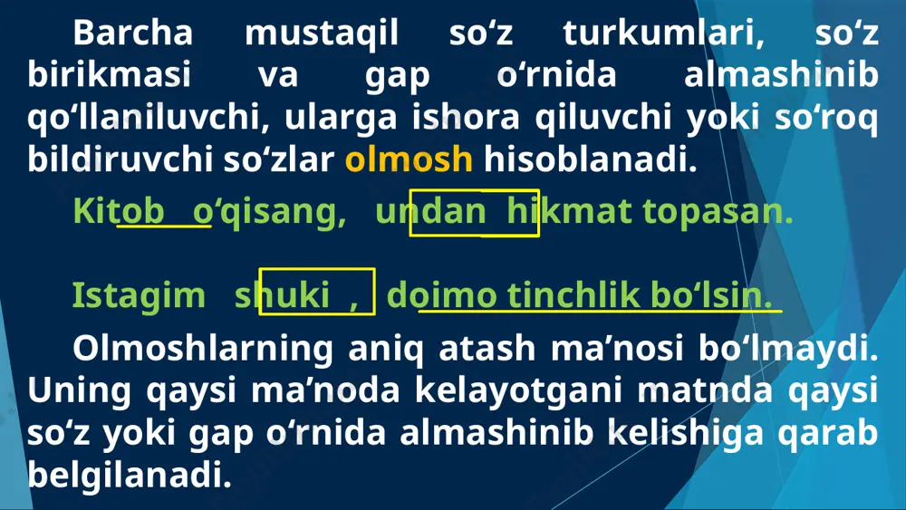 g o‘zi, u o‘zi tarzida qo‘llanadi va bu vaqtda ko‘pincha kishilik olmoshlariga ta’kid ma’nosi yuklanadi. ko‘rsatish o‘zlik kishilik belgilash bo‘lishsizlik so‘roq gumon kim? nima? qayer? qanaqa? qaysi? qalay? qancha? necha? nega? qani? shaxs, narsa-hodisa, belgi-xususiyat, miqdor, sabab, maqsad, o‘rin, payt haqida so‘roqni bildiruvchi olmoshlar so‘roq olmoshlari sanaladi. so‘roq olmoshlari ishtirok etgan gaplar so‘roq gap hisoblanadi. bunday gaplar so‘roq ohangi bilan talaffuz qilinadi va yozuvda gap oxiriga so‘roq belgisi qo‘yiladi: siz qaysi kitoblarni o‘qigansiz? ko‘rsatish o‘zlik kishilik belgilash bo‘lishsizlik so‘roq gumon to‘pdan ajratilgan yoki jamlab ko‘rsatilgan shaxs, narsa, belgi, harakat holatlarni ifodalaydigan olmoshlar belgilash olmoshlari sanaladi. 1) har so‘zi so‘roq olmoshlariga, bir so‘ziga qo‘shilib to‘pdan ajratilgan shaxs, narsa, belgilarni bildiruvchi belgilash olmoshlarini hosil qiladi: har bir, har kim 2) hamma, barcha, bari, butun olmoshlari esa shaxs, narsa, belgi, harakatlarni jamlab ifodalaydi. ko‘rsatish o‘zlik kishilik belgilash bo‘lishsizlik so‘roq gumon so‘roq olmoshlari va bir, narsa, nima so‘zlari oldidan hech so‘zining qo‘llanishi natijasida bo‘lishsizlik …