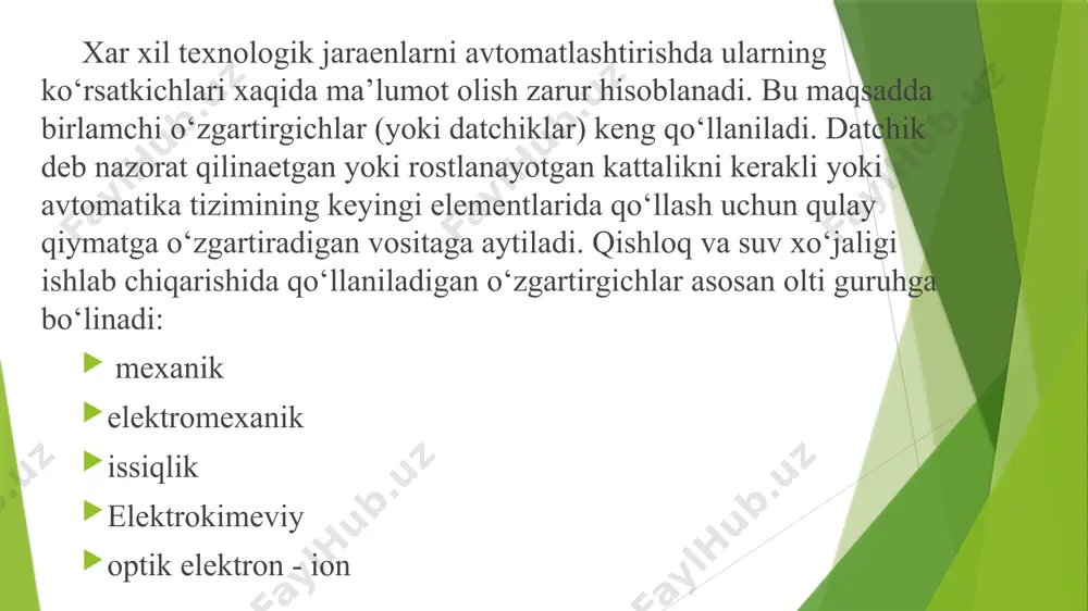 a (yeki datchiklarga) bo‘linadi. parametrik datchiklarda chikish kursatkichini elektr zanjir kattaliklari (karshilik, induktivlik, uzaro induktivlik, elektr sigimi va kabilar) tashkil topadi. bunday turdagi datchiklarda elektr toki va kuchlanishi sifatida chikish signalini olish uchun ularni maxsus elektr sxemalariga (kuprikli, differentsialli) ulash xamda alloxida energiya manbasiga ega bo‘lishi kerak. generator datchiklarida bevosita sezgir elementda kirish signali x chikish signali u uzgartiriladi. ushbu uzgartirish kirish signali energiyasi xisobiga bo‘ladi va chikish signali eyuk kurinishida xosil bo‘ladi. generator datchiklari juda oddiy bo‘ladi, chunki ular kushimcha energiya manbaisiz ulanadi. aniklik darajasi buyicha datchiklar 0,24; 0,4, 0,6; 1; 1,5; 2,5; 4 aniklik sinflariga muvofik bo‘lishlari lozim. ish printsipi buyicha elektrik datchiklar rezistivli, elektromagnitli, sigimli va taxometrik (generatorli) kurinishlarga ega bo‘ladi rezistiv datchiklar chizik va burchak xarakatlarni kuch va momentlar, tebranish va vibratsiyalar, xarakat va yoruglik kabi noelektrik kattaliklarni nazorat kilish va ulchash jarayonlarida kullaniladi rezistiv datchiklar guruxiga potentsiometrik, kumir (kontaktli), tenzometrik kabi datchiklar (fotorezistiv, termorezistiv) kiradi. …