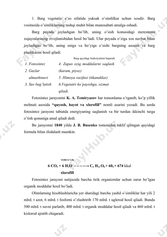 suv barg vositasida parlatiladi. bu jarayon natijasida ajratilgan mineral moddalar o’simlik tomonidan foydalaniladi. suv bug’latish xususiyati tufayli o’simlikda tinimsiz suv harakati ta’minlanadi. suv bug’lanish jarayoni tufayli,cho’l zonasida o’suvchi o’simlik tanasida havo temperatura 7-80 s ga past bo’ladi. masalan: bir tup makkajuxori yoz bo’yi 150 kg suv parlatsa, kungabokar 200 kg, mosh 5 kg, suv bug’latadi. 1ga maydondagi suli eqilgan joydan 3 000 000 kg, karom eqilgan joydan 2700 kg suv bug’latiladi. 1000g shimilgan suvning 990 gr parlatilsa 10gr o’simlikda saqlab kolinadi. kunduzi 1m2 barg yuzasi 50. 250gr suv bug’latilsa, kechasi 1-20g suv bug’latadi. 2. bargning tuzilishi. barg quyidagi qismlardan tuzilgan bo’ladi. barg bandi, plastinkasi, yon bargcha va barg asosi. barg asosi bilan novdaga birlashib turadi. barg bandi barg asosi va plastinkasini orasida hosil bo’ladi. uning vazifasi bargni yorug’likka karatib, maxanik vazifani bajarishidir. u ayrim o’simliklarda yaxshi rivojlangan bo’lsa, ayrimlarida bo’lmaydi. bunday barglar o’troq barglar deyiladi. bunday barglar gallagulli o’simliklarda hosil …