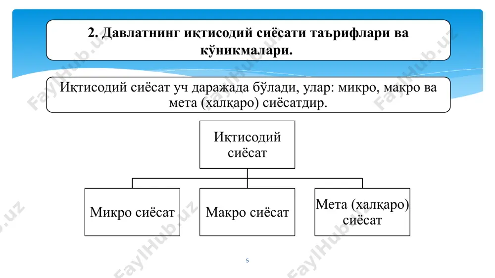 редит пули қисқаради, агар у камайса, бу пул кўпаяди. масалан, мамлакатда жами кредит ресурслари 80 млрд. доллар. шундан 10 фоиз захира ўтказилса, кредит учун 72 млрд. доллар қолади. борди-ю бу захира 15 фоизга чиқарилса, кредитга 68 млрд. доллар қолади. бу билан кредитга мўлжалланган пулнинг таклифи ошади ёки қисқаради. шунга қараб, кредит олиш гоҳ ошиб, гоҳ қисқариб туради. монетар сиёсатнинг айтилган йўналишлари шуни кўрсатадики, унда турли иқтисодий воситалар қўлланилади. 17 монетар сиёсат икки хил бўлади: 1) қаттиқ сиёсат. бунда пул массаси қисқартирилади, унинг эмиссия (пул чиқариш) ҳисобидан ўсиши қатъий чегараланади. натижада пул массаси қисқариб, товар массасига тенглашади. пулнинг қисқариши талабни камайтиради, нархлар эса ўсмайди, пул бирлигининг харид қурби барқарорлашади. пул топишга интилиш иқтисодиётнинг жонланишига олиб келади. бундай сиёсат илгари таъкидлаганимиздек, одатда иқтисодиётни тангликдан чиқариш ёки инфляцияни кескин сусайтириш учун қўлланилади; 18 монетар сиёсат икки хил бўлади: 2) юмшоқ монетар сиёсат. бунда давлат пул массасининг ортишига тўсқинлик қилмайди, пул эмиссияси ҳадеб чекланавермайди, …