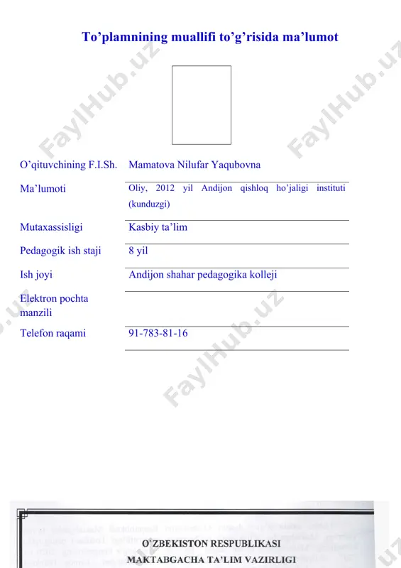 ngbeqiyosligiuningyoshligidanbilimlarniqandayvaqanchao‘zlashtirishigajudabog‘liqdir. pedagogvapsixologlarimizfikrichabola 5 yoshgachainsoniyattajribasining 50- 60% o‘zlashtirarekan, demakmanashuyoshgachabolagaengkeraklibilimlarniyoshigamos ravishdaberishbolaningkelajakdaqandayinsonbo‘lishigajudakattaturtkibo‘ladi. maktabgachayoshdanbolalardamatematikbilimlarningetarlibo‘lishigakattaahamiyatberishmuhimdir. chunki, insonhayotidavomidamatematik hisob-kitoblargatez-tezduchkeladi, ya’nimatematikbilimlar harqadamdakerakbo‘ladi. agarbizmaktabgachayoshdanbolalarnimatematikaolamigaturliqiziqarliinterfaolusullardanfoydalanganxoldaolibkiraolsak, matematikbilimlarbilanetarlidarajadaqurollantirsak, ularmaktabdaa’lobaholargao‘qib, yuqorinatijalargaerishadilar, hayotidavomidaxalqimizuchunfoydalikasbnitanlashvachuquregallashdaqiynalmaydilar. chunkiqaysikasbniolmaylikunimahoratbilanbajarishgaalbattamatematikbilimlarkerakbo‘ladi. shusabablimaktabgachayoshdanbolalargaturliinterfaolusullar, masalan, qisqahikoya, kichikguruhlardaishlash, muammolitopshiriqlar, amaliyish, juftlikdaishlash, arifmetikmasalalarbo‘yichao‘yinlarvaboshqalarorqalibolalarningyoshigamosmatematikbilimlarberibborishgakattaahamiyatberishmuhimdir. bizgama’lumki, “maktabgachayoshdagibolalarrivojlanishigaqo‘yiladigandavlattalablari” va “ilk qadam” tayanchdasturidanazardatutilganidekilkmatematiktasavvurlarnishakllantirishmashg’ulotlaridamaktabgachayoshdagibolalarsonvasanoq, geometrikshakllar, miqdorvakattalik, vaqtvafazohaqidaboshlang‘ichbilimlarnioladilar, ya’ni: -maktabgacha ta`lim tashkilorlarida ilk matematikaga o’rgatishning nazariy asoslari haqida bilib oladi; -bo`lajak tarbiyachining ilmiy va uslubiy ta`minlanganligini, uning kasbiy kompetentligini organadi; - son va sanoq haqida bilim berish, arifmetik masalalar tuzish va yechishga o`rgatish usullarini biladi; - kattalik va geometrik shakllar haqidagi tasavvurlarni shakllantirish haqida; - tevarak-atrofda mo`ljal olish va vaqtni chamalash haqidagi tasavvurlarini