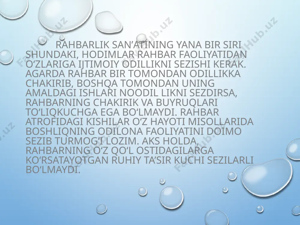 dir. demak, mohirona rahbarlik siri bu joyda nafaqat moddiy va ma’naviy natijaga ishontirish, vaholanki, boshlangan ishni hodimlarning bajara olishlariga, ularni o‘z kuch va imkoniyatlariga ishontirishdir. adabiyotlar ro’yxati: 1..karimov i.a “yuksak ma’naviyat engilmas kuch.” toshkent ,2008 yil. 2..karimov i.a xxi asr bo’sag’asida. toshkent 1997 yil. 3..karimov i.a. barkamol avlod orzusi. toshkent 1999 yil. 4. karimov i.a. barkamol avlod o’zbekiston kelajagining poydevori.toshkent 5.rubnshteyn s.l «osnovi obshaya psixologiya» 1998 god.