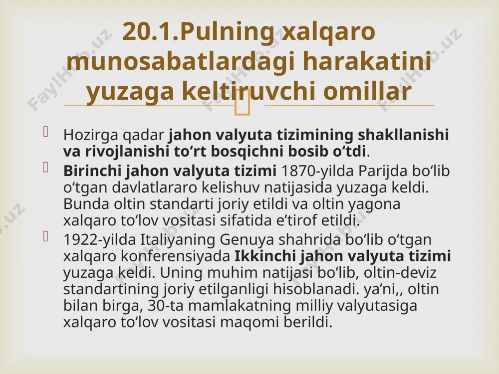 zimi bekor qilindi va natijada barcha valyutalarni erkin suzish tizimiga oʻtkazish tavsiya qilindi. aqsh dollarining oltinga almashtirib berish tartibining bekor qilinishi bilan qat’iy belgilangan kurslar tizimi barham topdi. 2. germaniya markasi va yaponiya ieniga xalqaro rezerv valyutalar maqomi berildi. 3. oltinni demonetizatsiya qilish jarayoni rasman tugallandi. ya’ni,, oltindan xalqaro munosabatlarda toʻlov vositasi sifatida foydalanish ta’qiqlandi. 4. sdrning xalqaro toʻlov vositasi sifatidagi rolini oshirishning zarurligi asoslandi. sdrning oʻz qiymati boʻlmaganligi sababli, uning qiymati valyuta savati boʻyicha aniqlanadi. 1976-1978 yillarda yamaykada boʻlib oʻtgan xalqaro konferensiyaning natijalariga koʻra, toʻrtinchi jahon valyuta tizimi tashkil topdi. uning muhim natijalari quyidagilardan iborat:  valyuta soʻzi italyancha “valuta” soʻzidan olingan boʻlib, “qiymat” degan ma’noni anglatadi. erkin ishlatiladigan valyuta (freely usable currency) – toʻlov balansining joriy operatsiyalar boʻlimida valyutaviy cheklashlar boʻlmagan mamlakatlarning milliy valyutalari. qattiq valyuta (hard currency) – iqtisodiy va siyosiy jihatdan barqaror hisoblangan mamlakatlarning almashuv kursi barqaror boʻlgan valyutalari. yumshoq valyuta (soft currency) – xalqaro miqyosda …